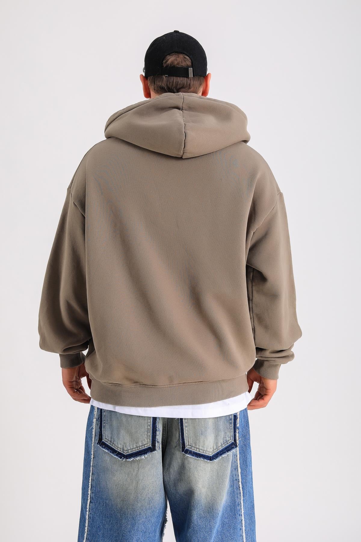 LLS Baskılı Kahve Oversize Zipper Hoodie SW1235