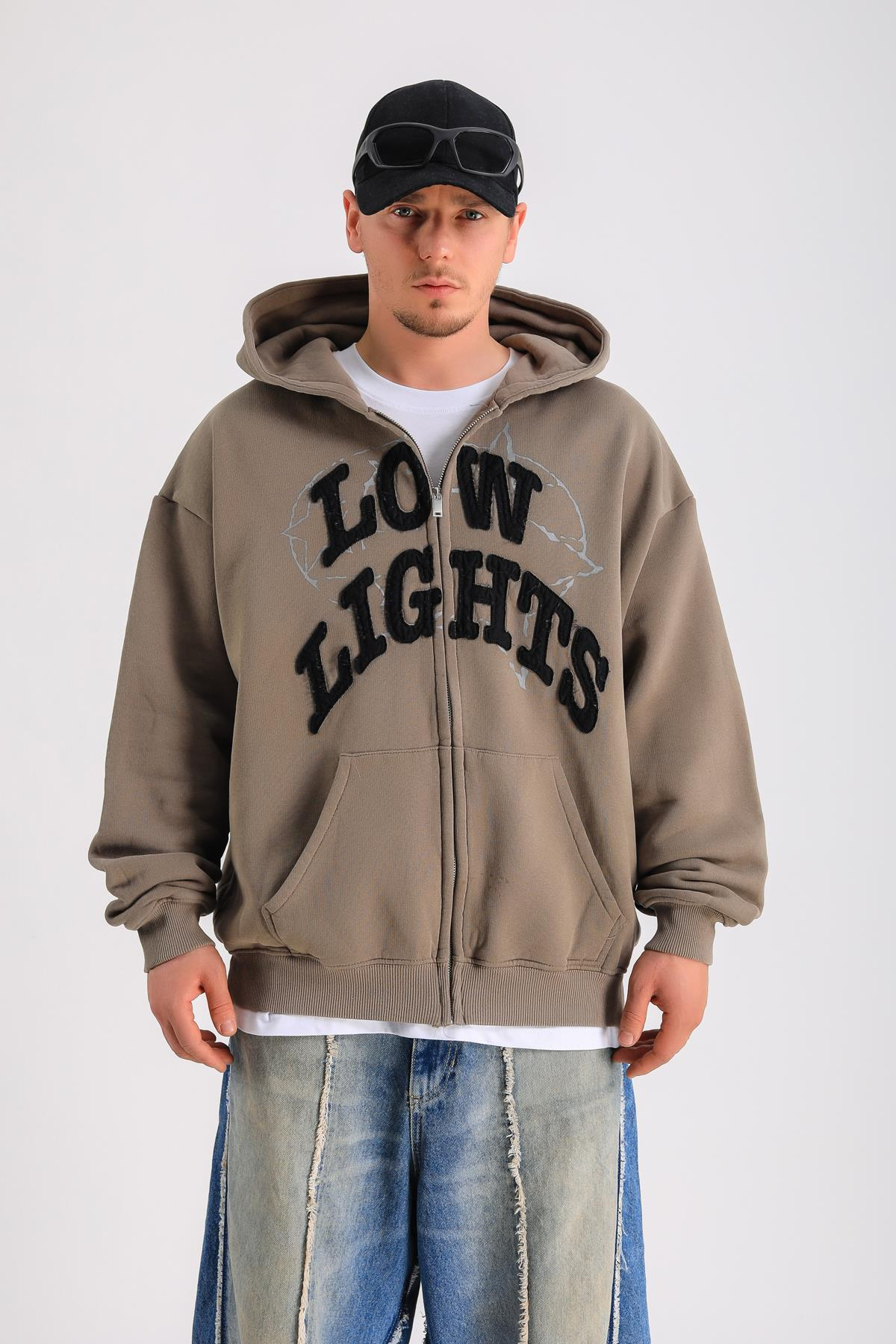 LLS Baskılı Kahve Oversize Zipper Hoodie SW1235