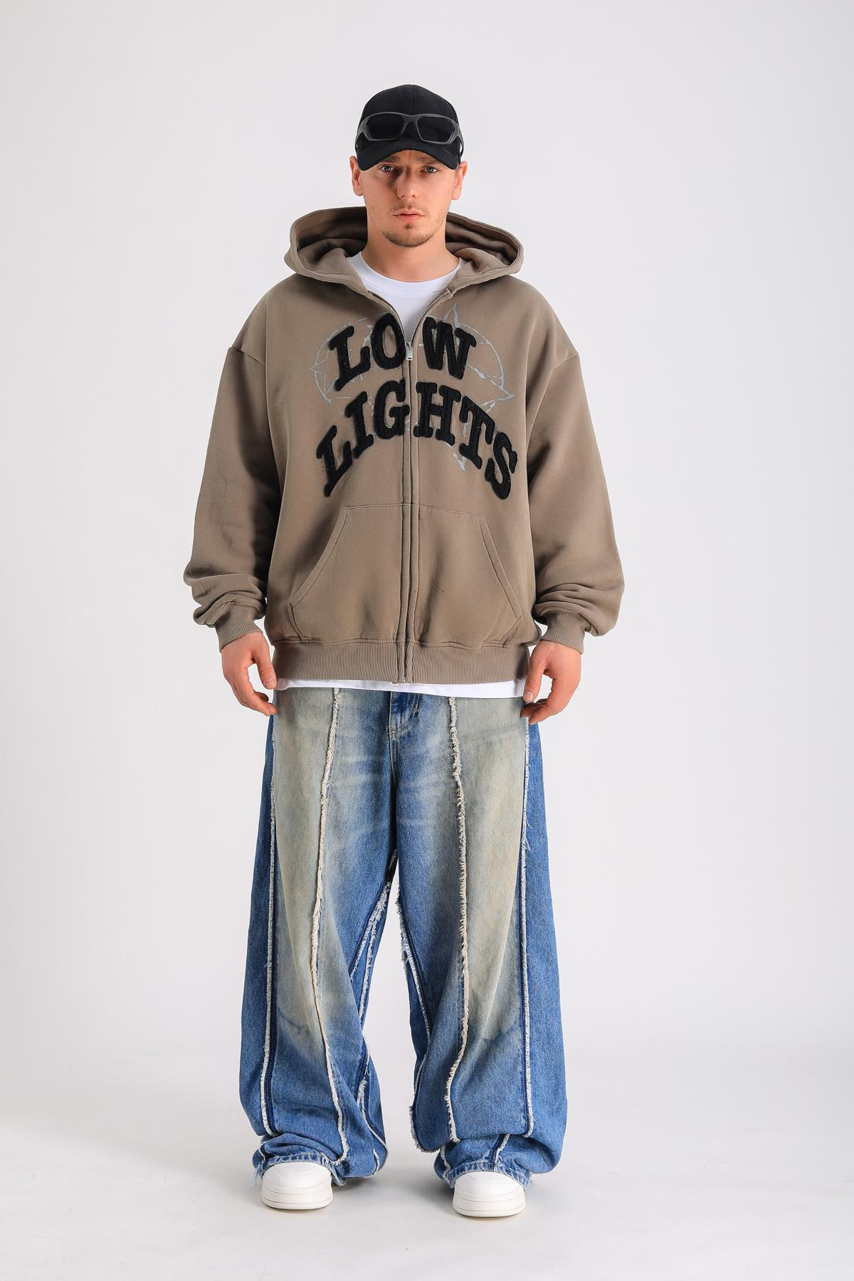 LLS Baskılı Kahve Oversize Zipper Hoodie SW1235