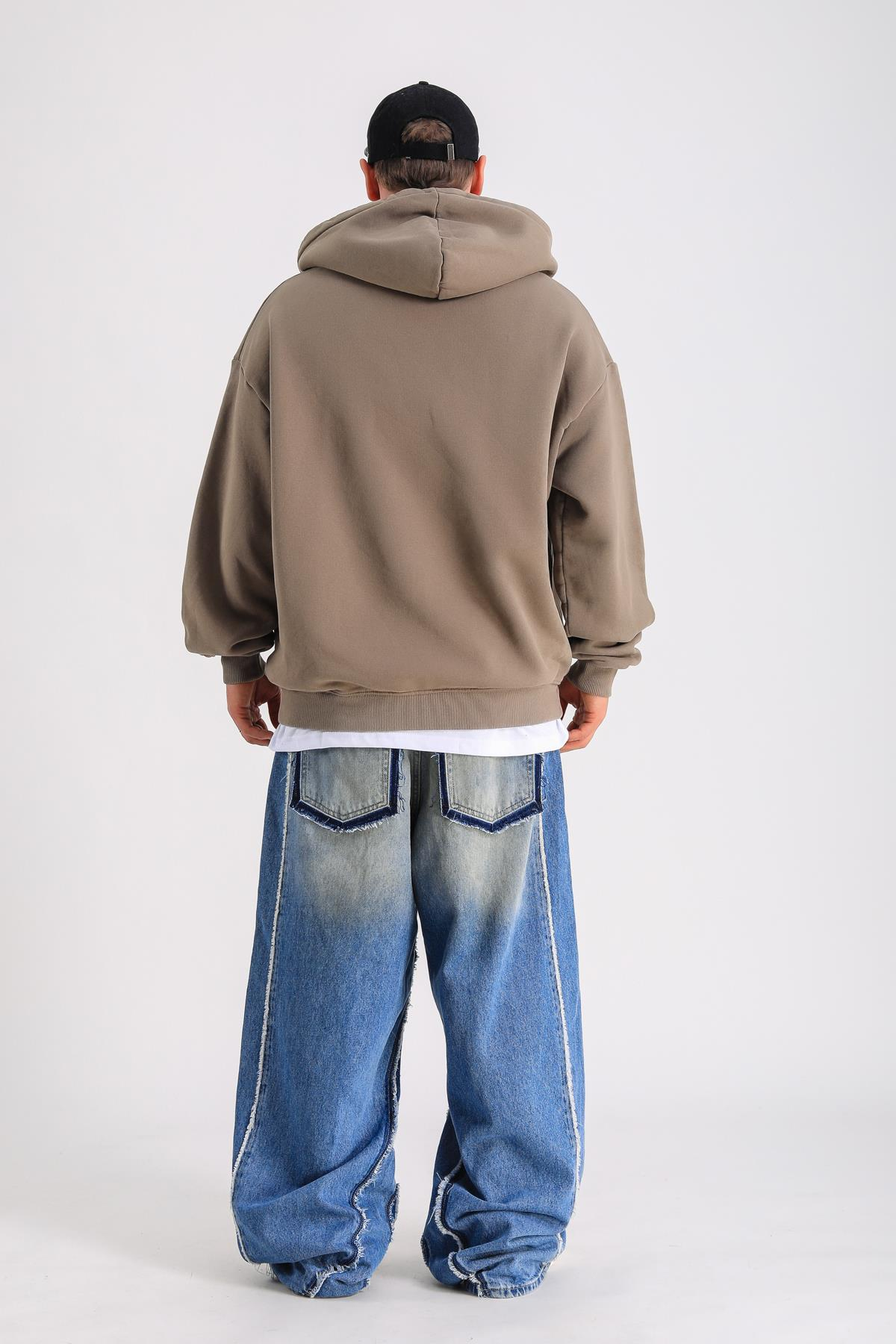 LLS Baskılı Kahve Oversize Zipper Hoodie SW1235