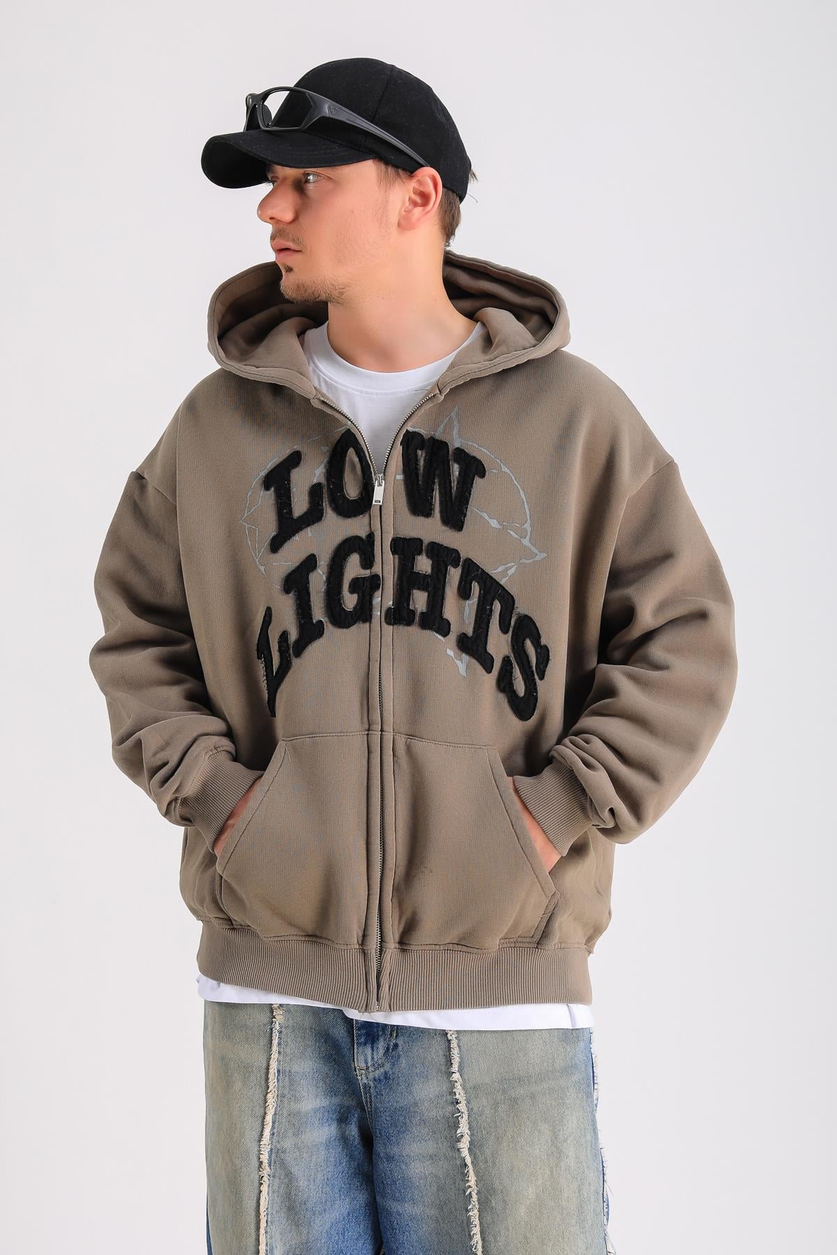 LLS Baskılı Kahve Oversize Zipper Hoodie SW1235