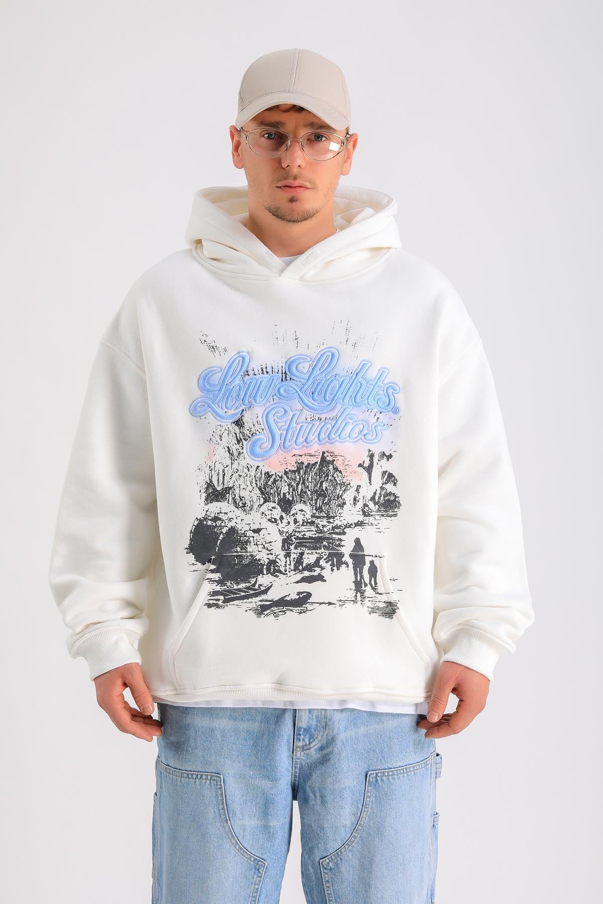 LLS Baskılı Krem Oversize Hoodie SW1233