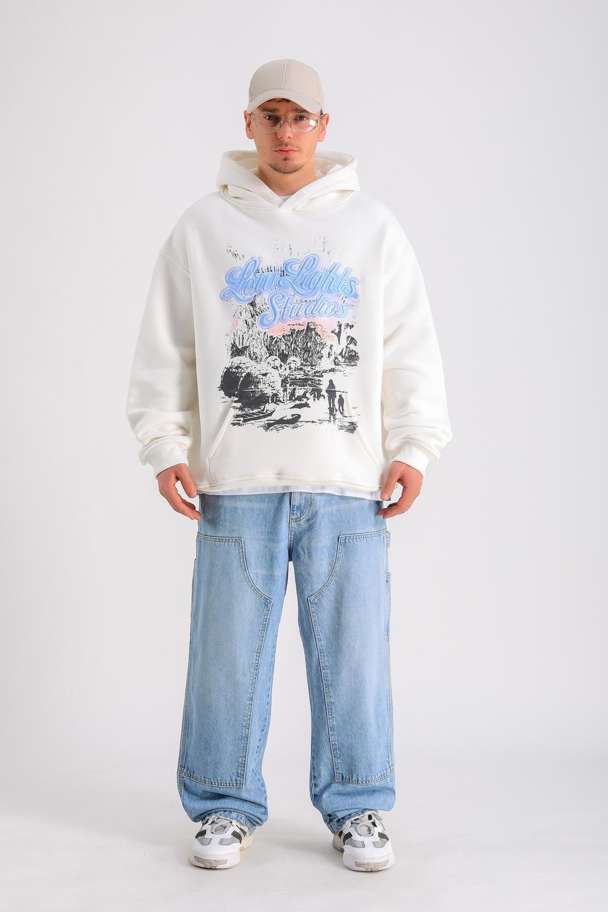 LLS Baskılı Krem Oversize Hoodie SW1233