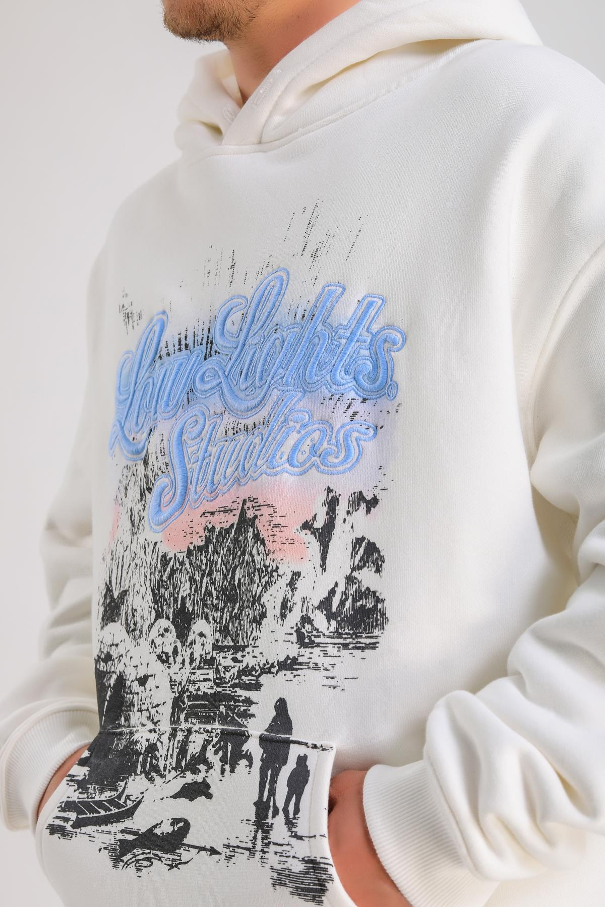 LLS Baskılı Krem Oversize Hoodie SW1233