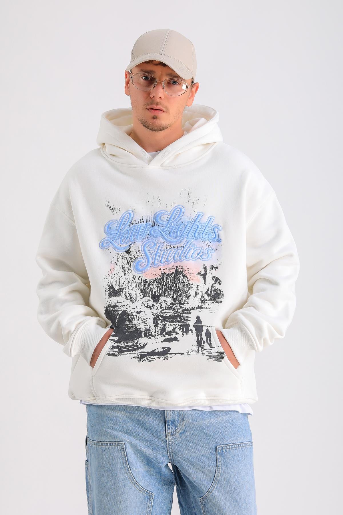 LLS Baskılı Krem Oversize Hoodie SW1233