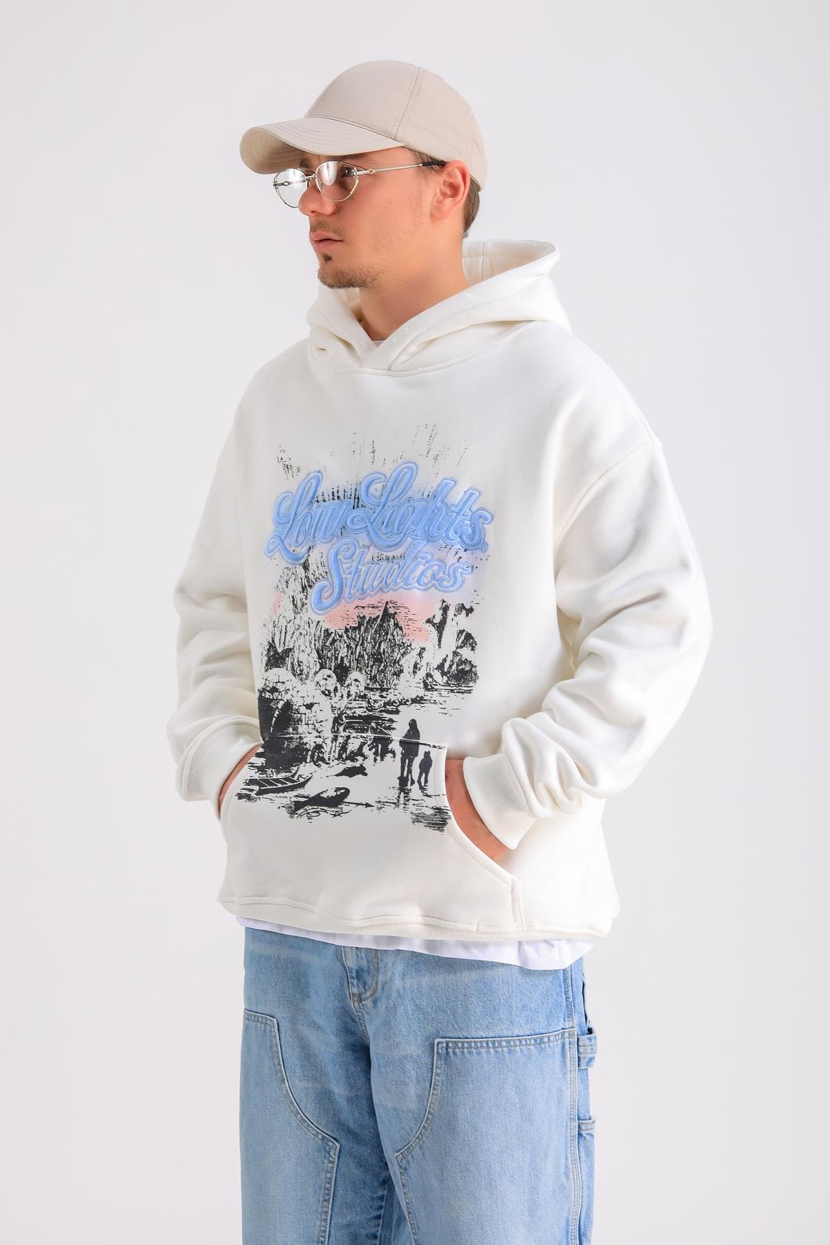 LLS Baskılı Krem Oversize Hoodie SW1233