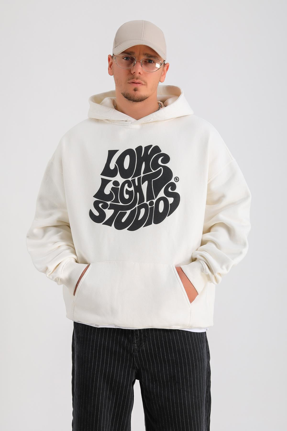 LLS Baskılı Krem Oversize Hoodie SW1265