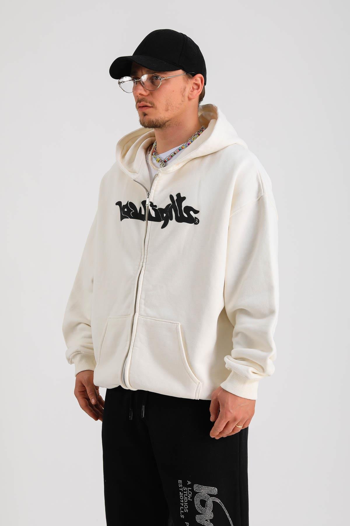 LLS Baskılı Krem Oversize Zipper Hoodie SW1264