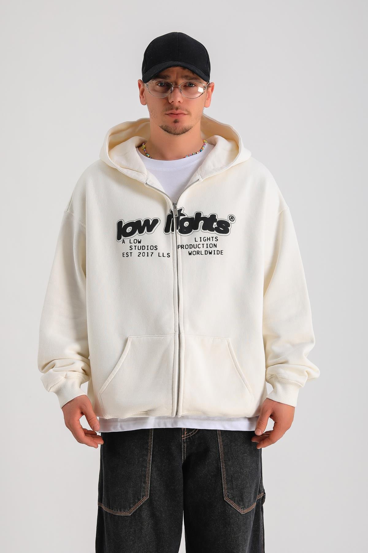 LLS Baskılı Krem Oversize Zipper Hoodie SW1239