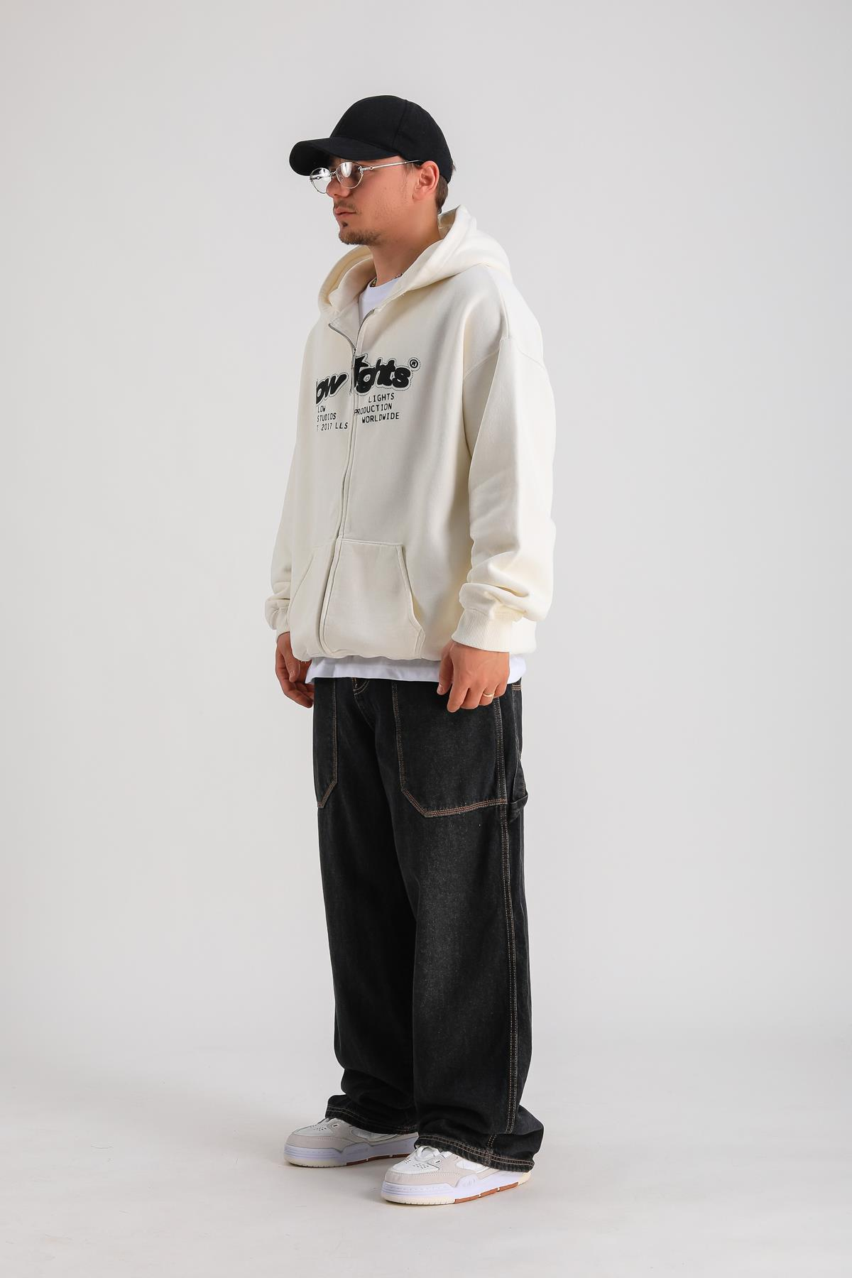 LLS Baskılı Krem Oversize Zipper Hoodie SW1239