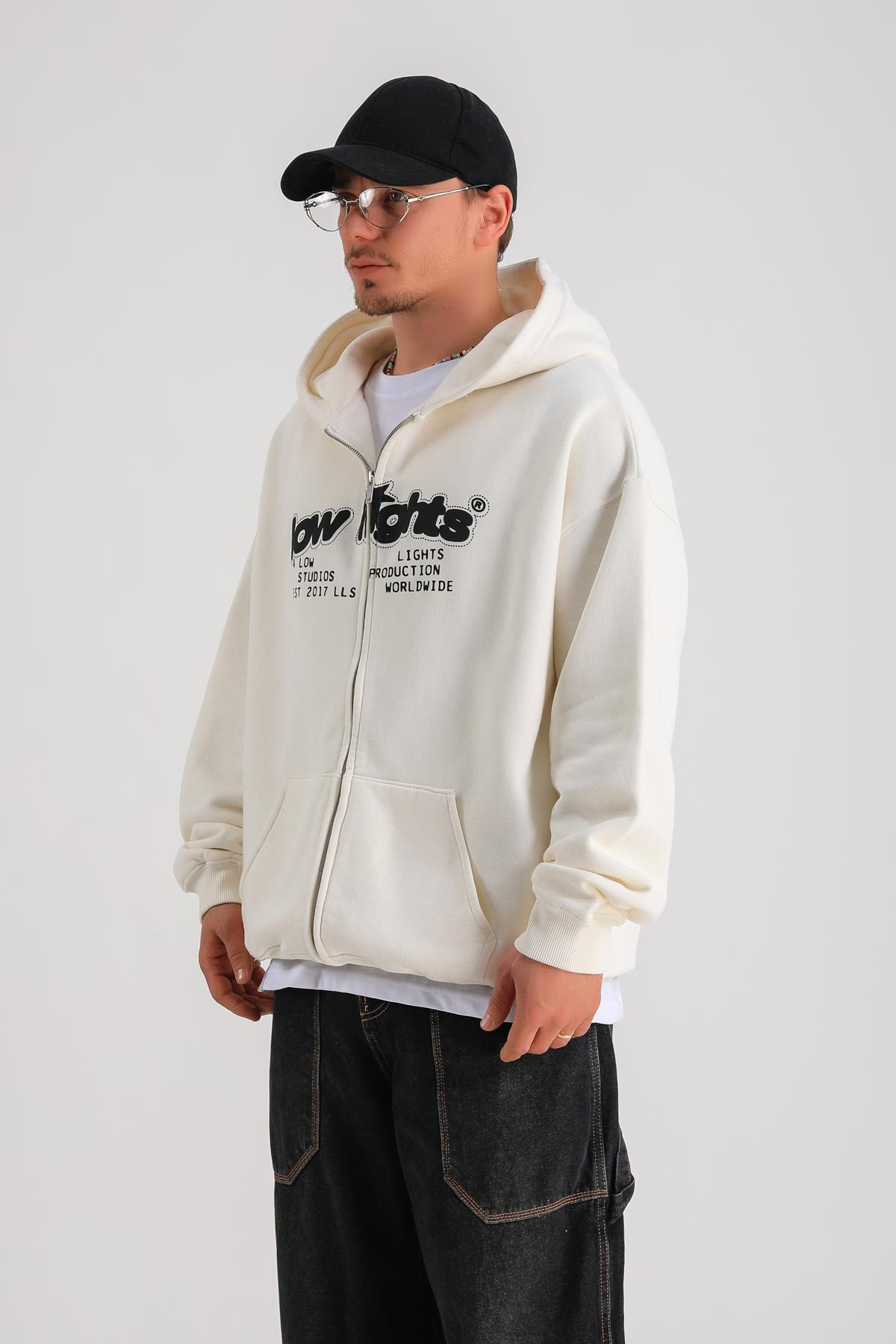 LLS Baskılı Krem Oversize Zipper Hoodie SW1239