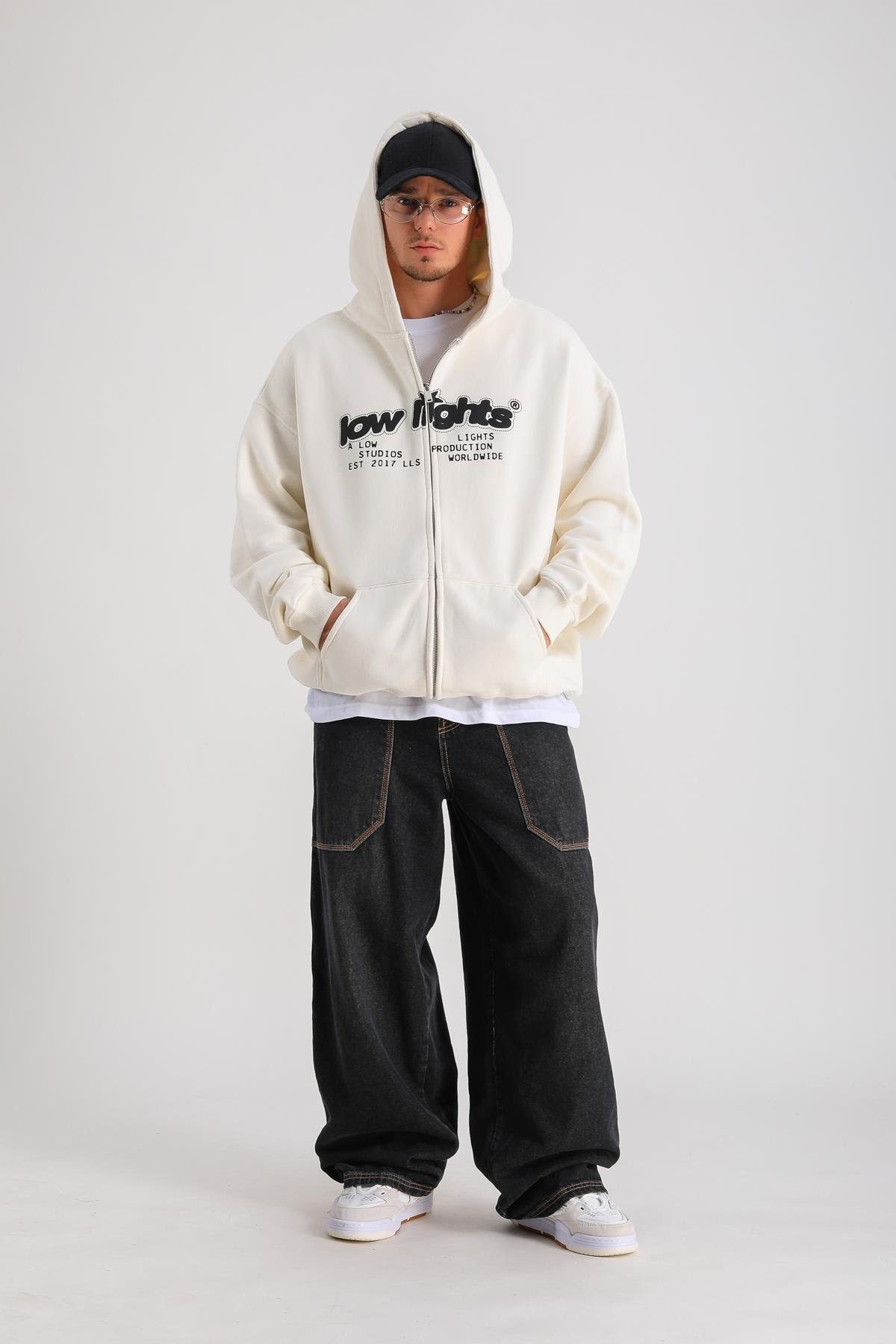 LLS Baskılı Krem Oversize Zipper Hoodie SW1239