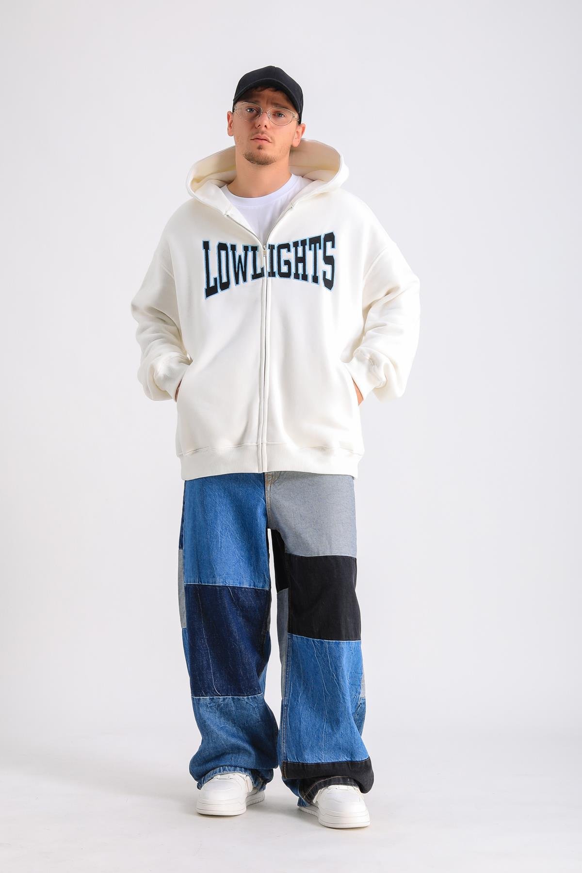 LLS Baskılı Krem Oversize Zipper Hoodie SW1229