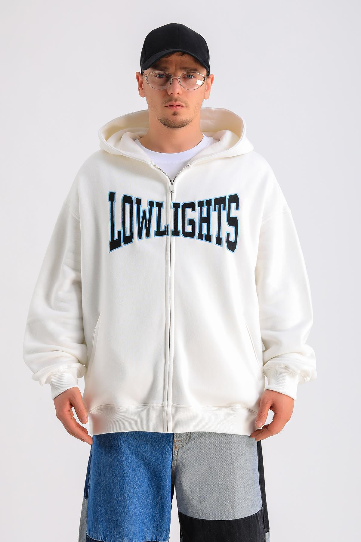 LLS Baskılı Krem Oversize Zipper Hoodie SW1229