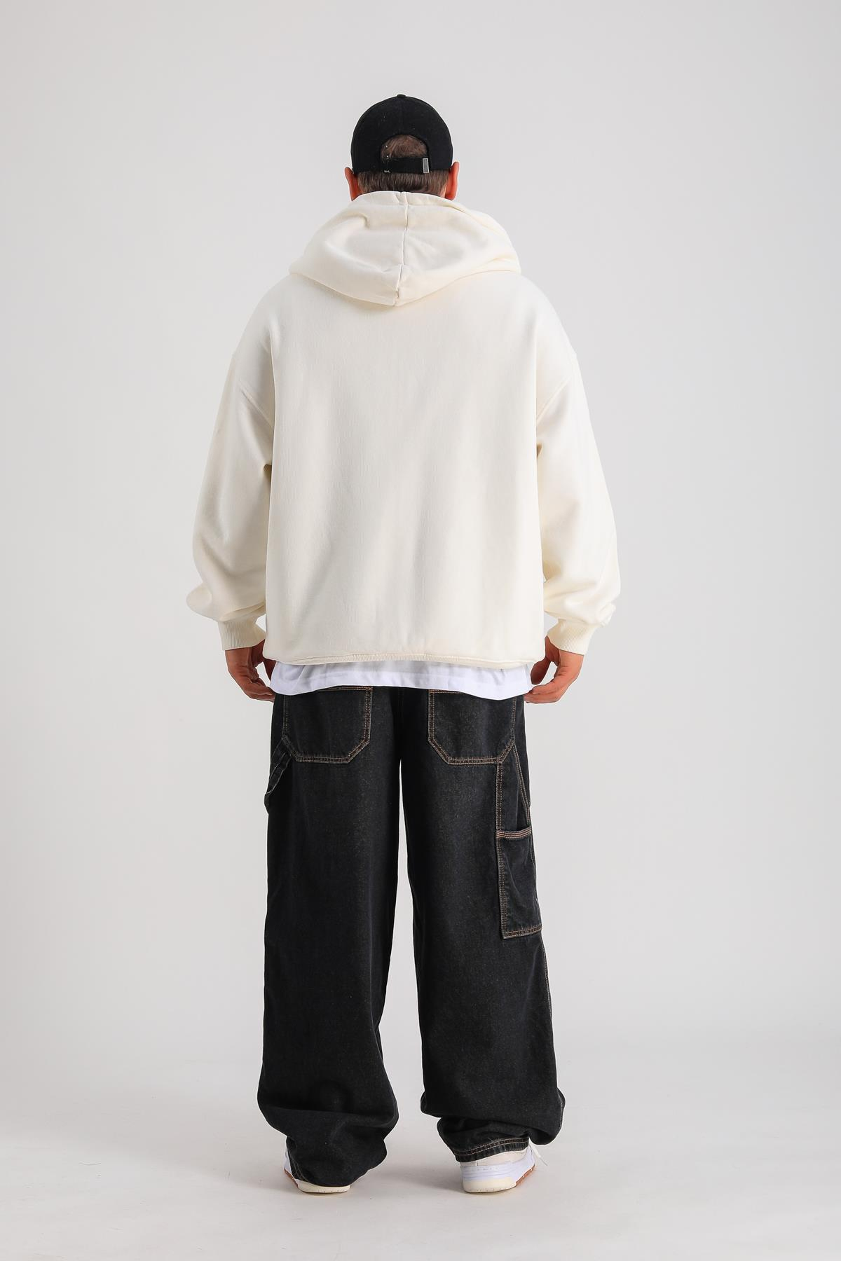LLS Baskılı Krem Oversize Zipper Hoodie SW1239