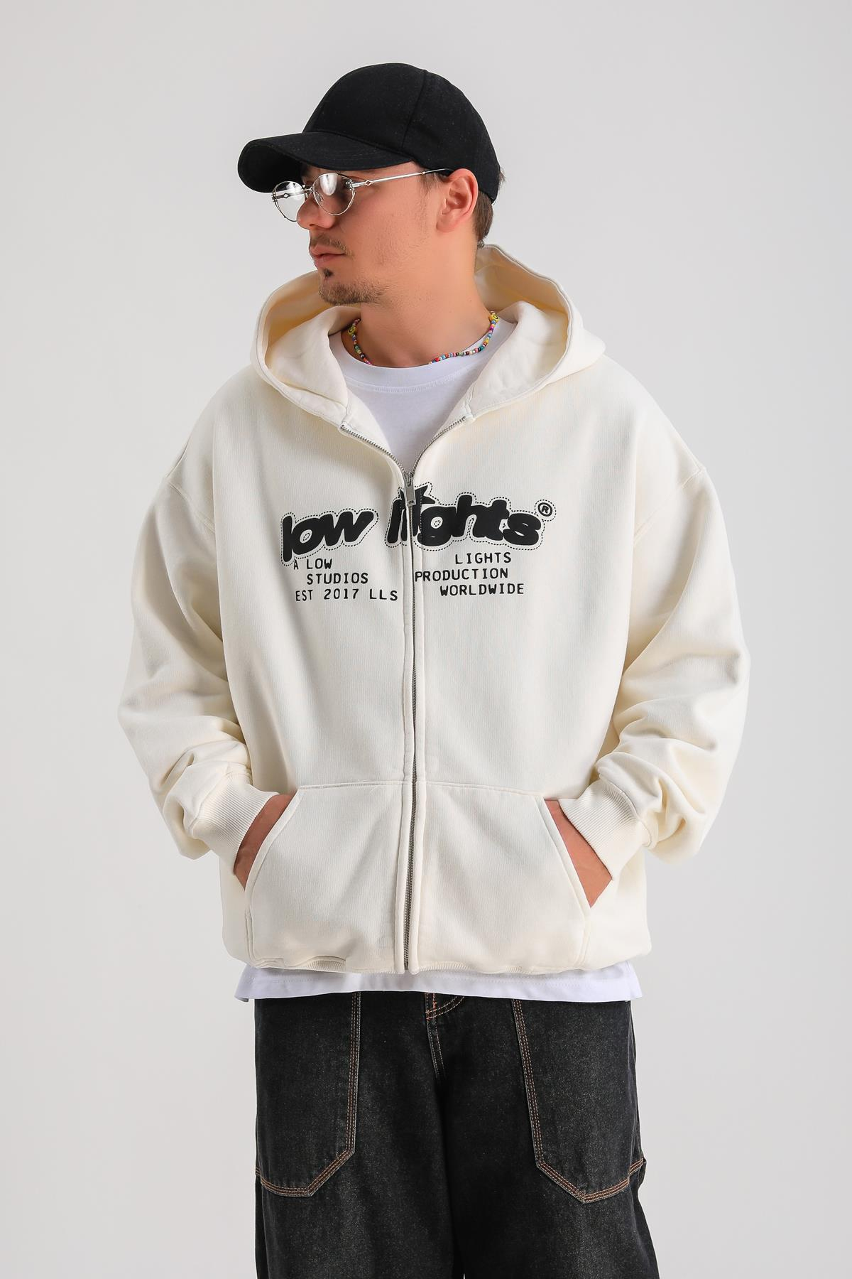 LLS Baskılı Krem Oversize Zipper Hoodie SW1239