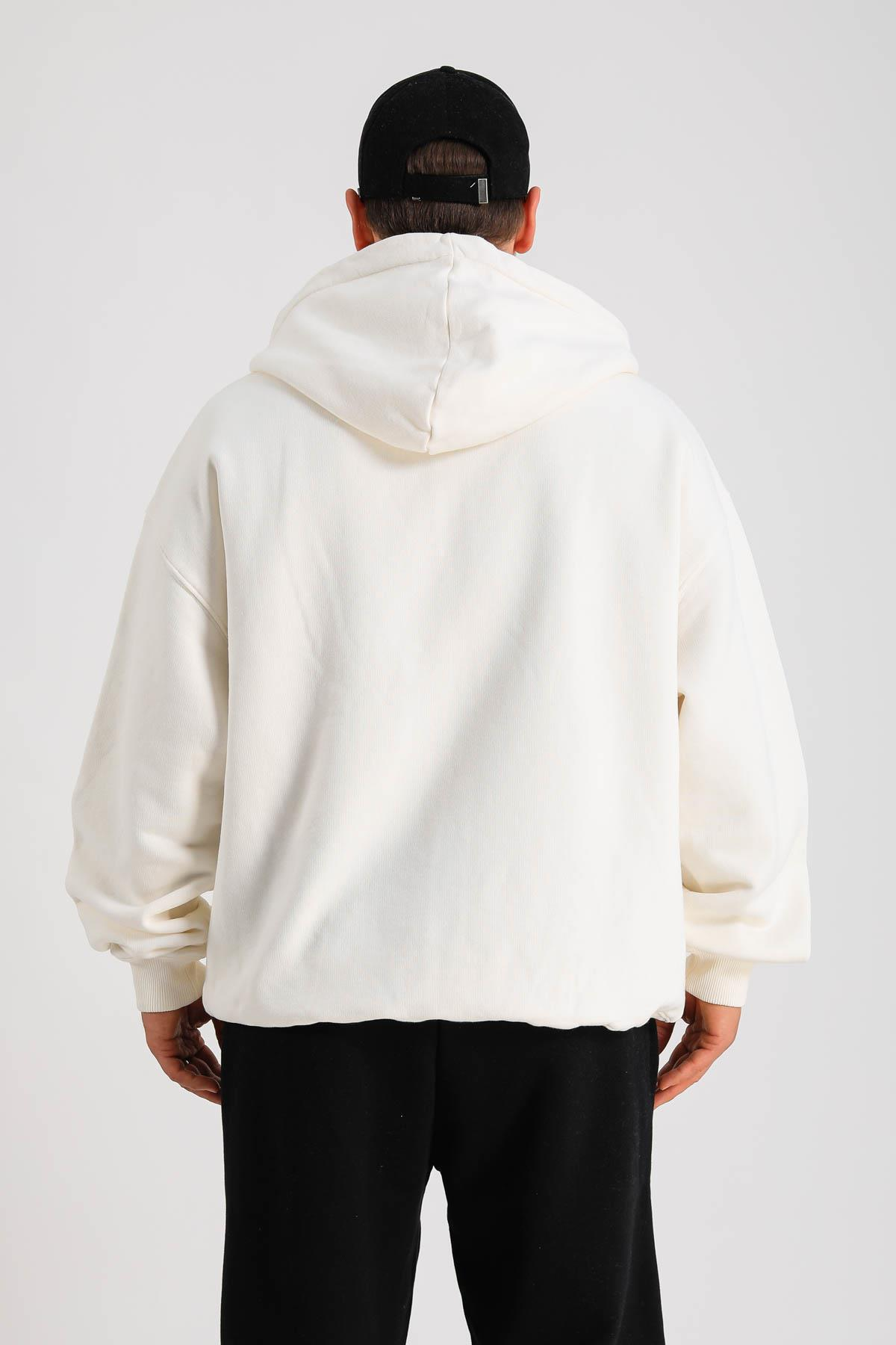 LLS Baskılı Krem Oversize Zipper Hoodie SW1264