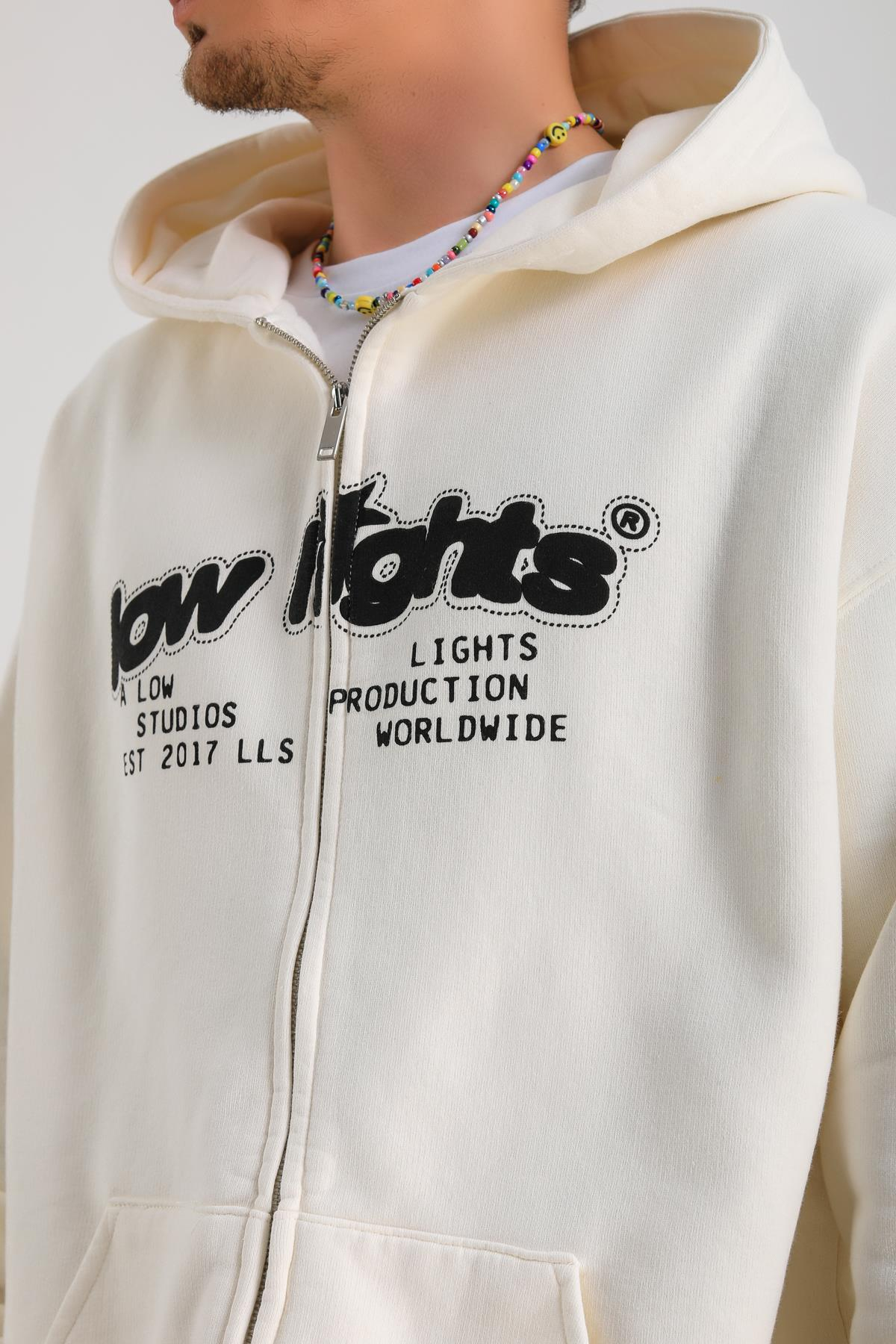 LLS Baskılı Krem Oversize Zipper Hoodie SW1239