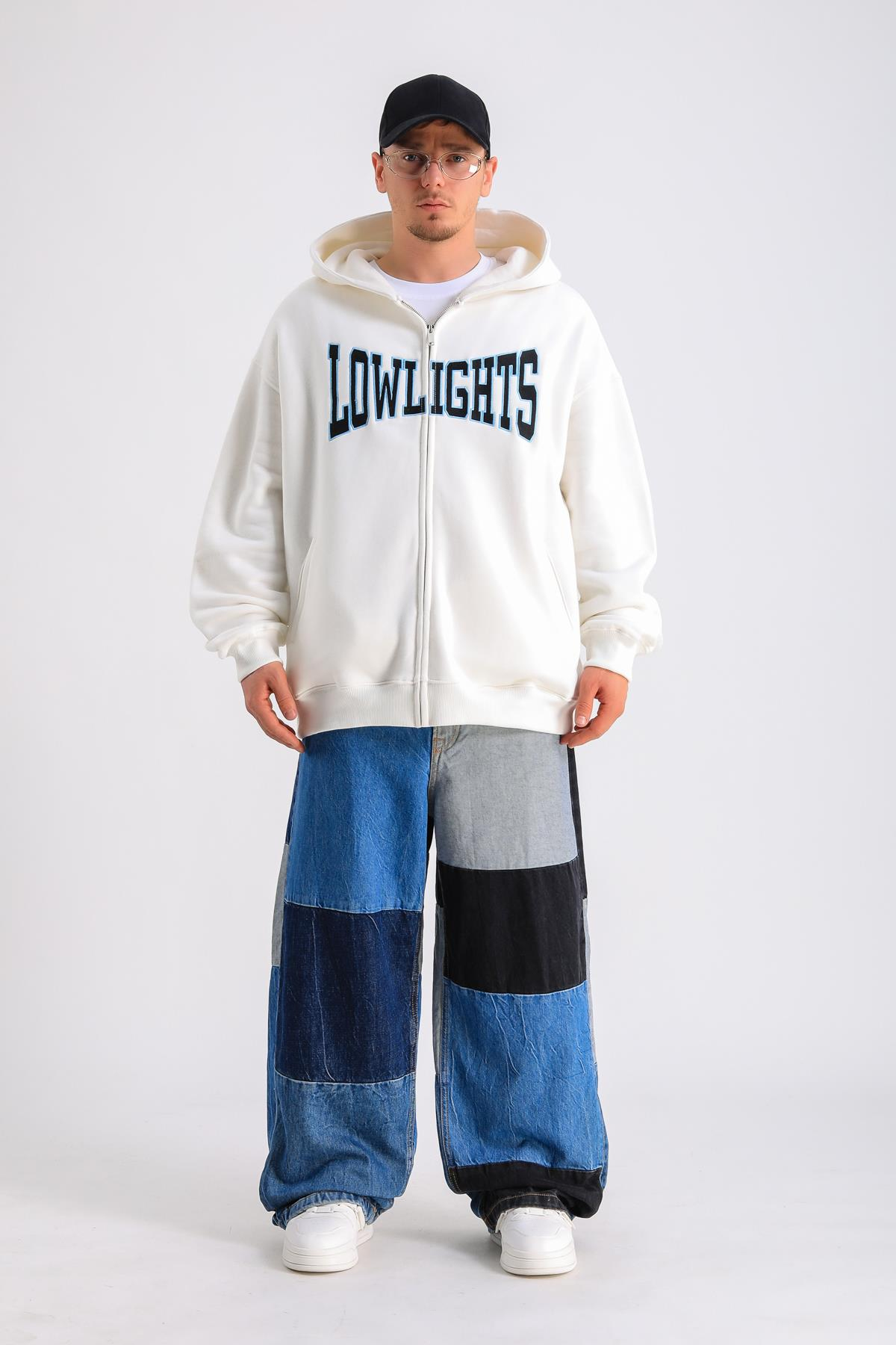 LLS Baskılı Krem Oversize Zipper Hoodie SW1229