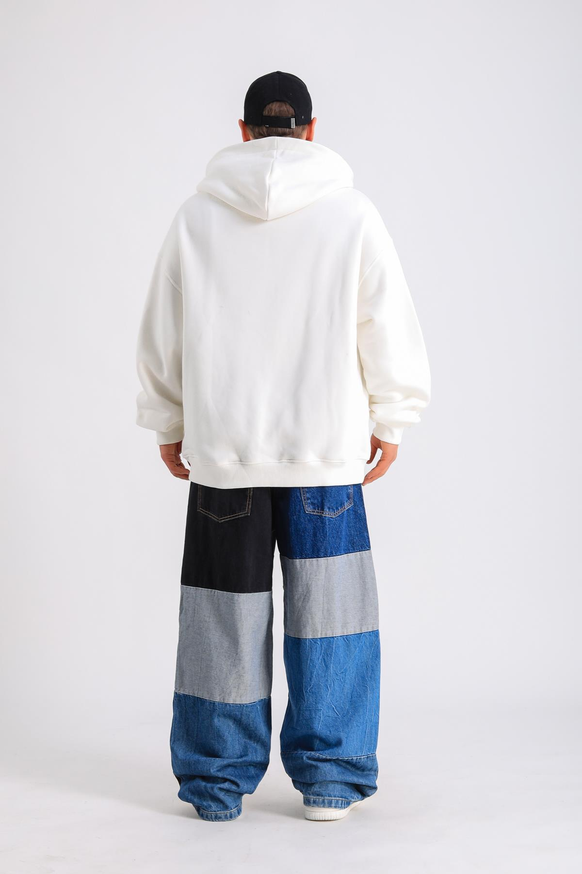 LLS Baskılı Krem Oversize Zipper Hoodie SW1229