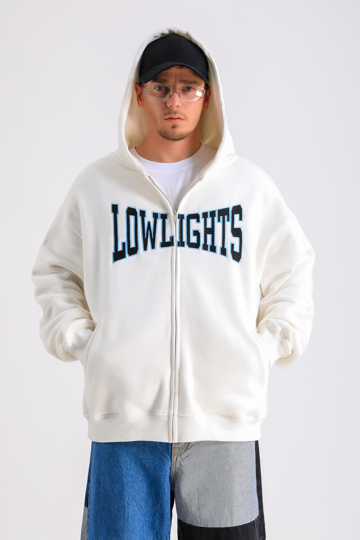 LLS Baskılı Krem Oversize Zipper Hoodie SW1229