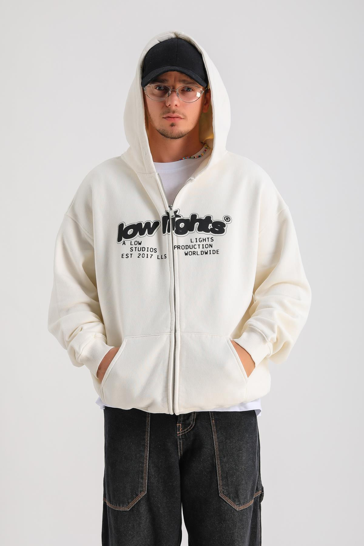 LLS Baskılı Krem Oversize Zipper Hoodie SW1239