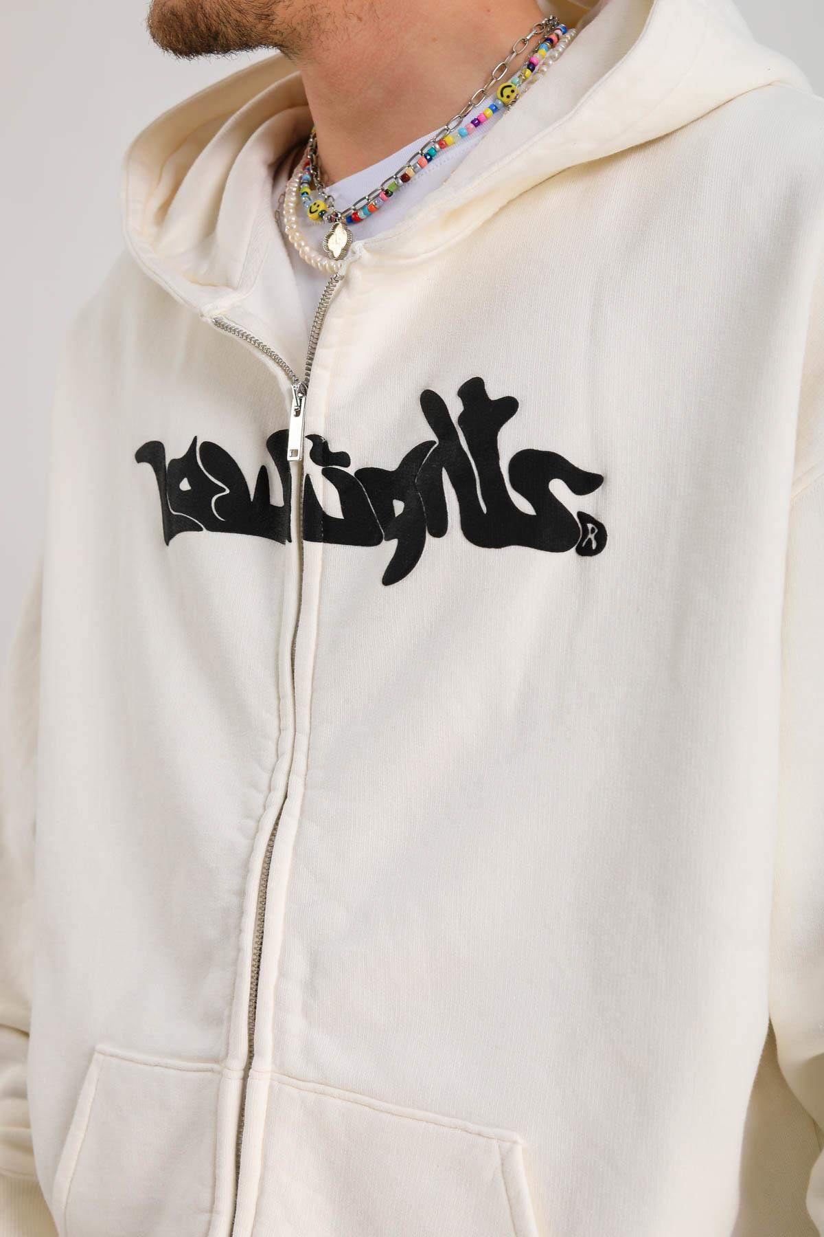 LLS Baskılı Krem Oversize Zipper Hoodie SW1264