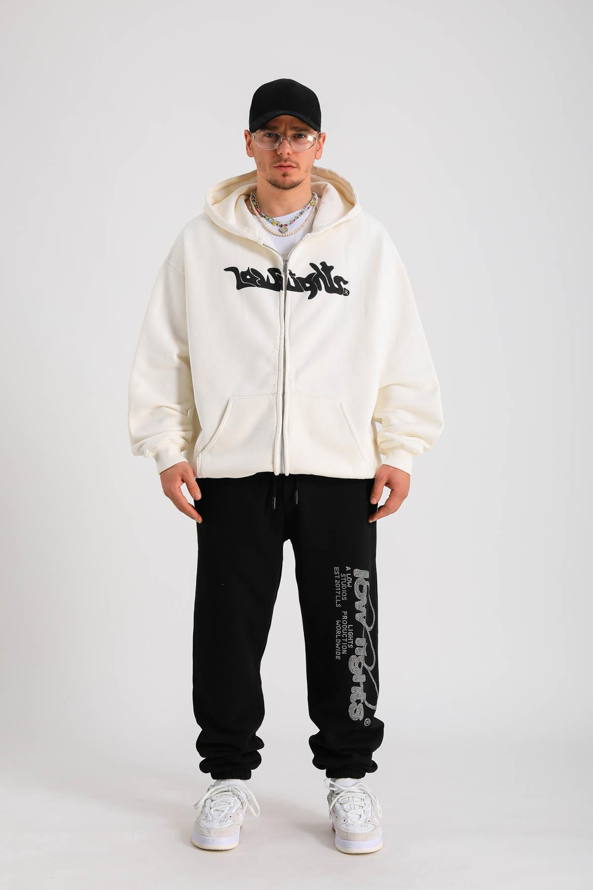 LLS Baskılı Krem Oversize Zipper Hoodie SW1264