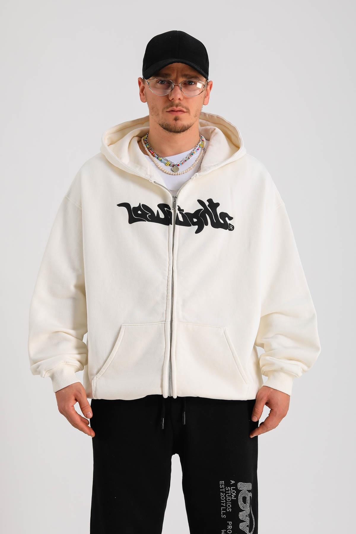LLS Baskılı Krem Oversize Zipper Hoodie SW1264