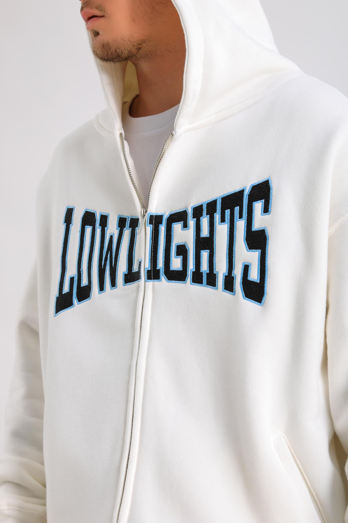 LLS Baskılı Krem Oversize Zipper Hoodie SW1229