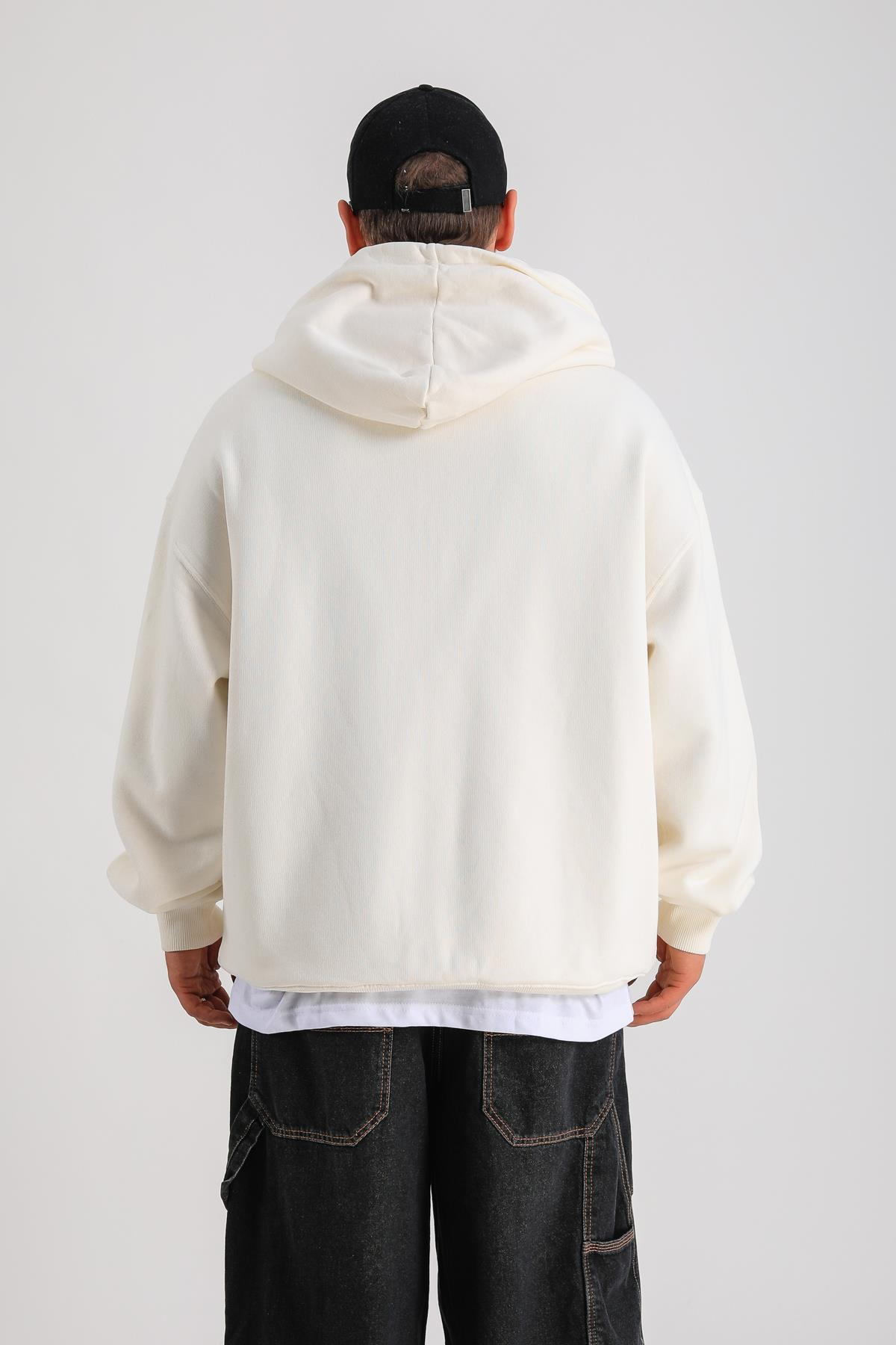 LLS Baskılı Krem Oversize Zipper Hoodie SW1239