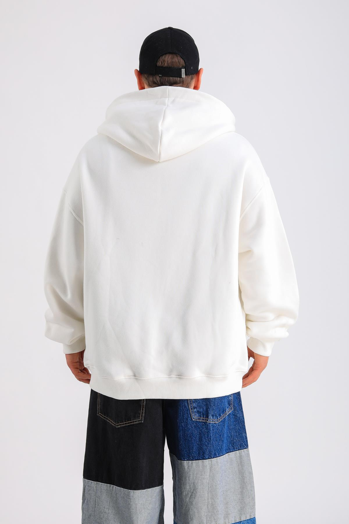 LLS Baskılı Krem Oversize Zipper Hoodie SW1229