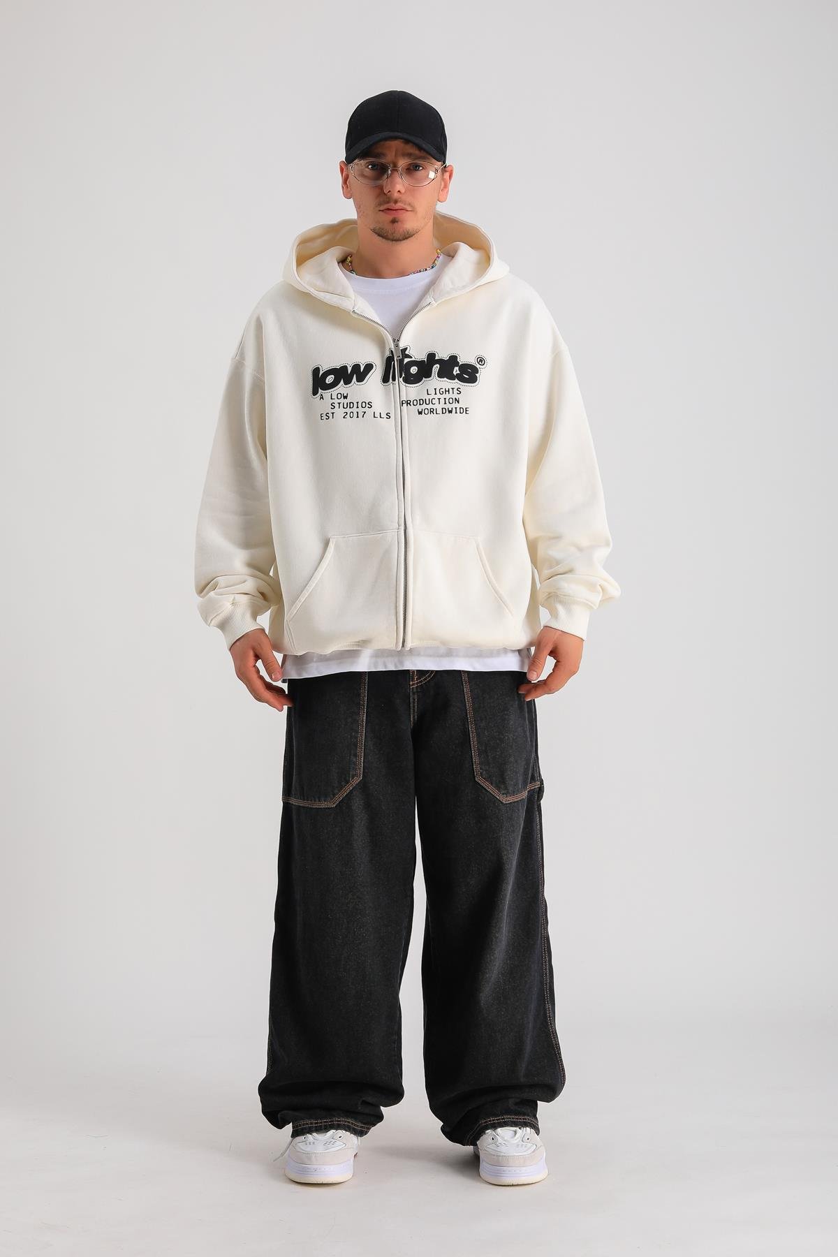 LLS Baskılı Krem Oversize Zipper Hoodie SW1239