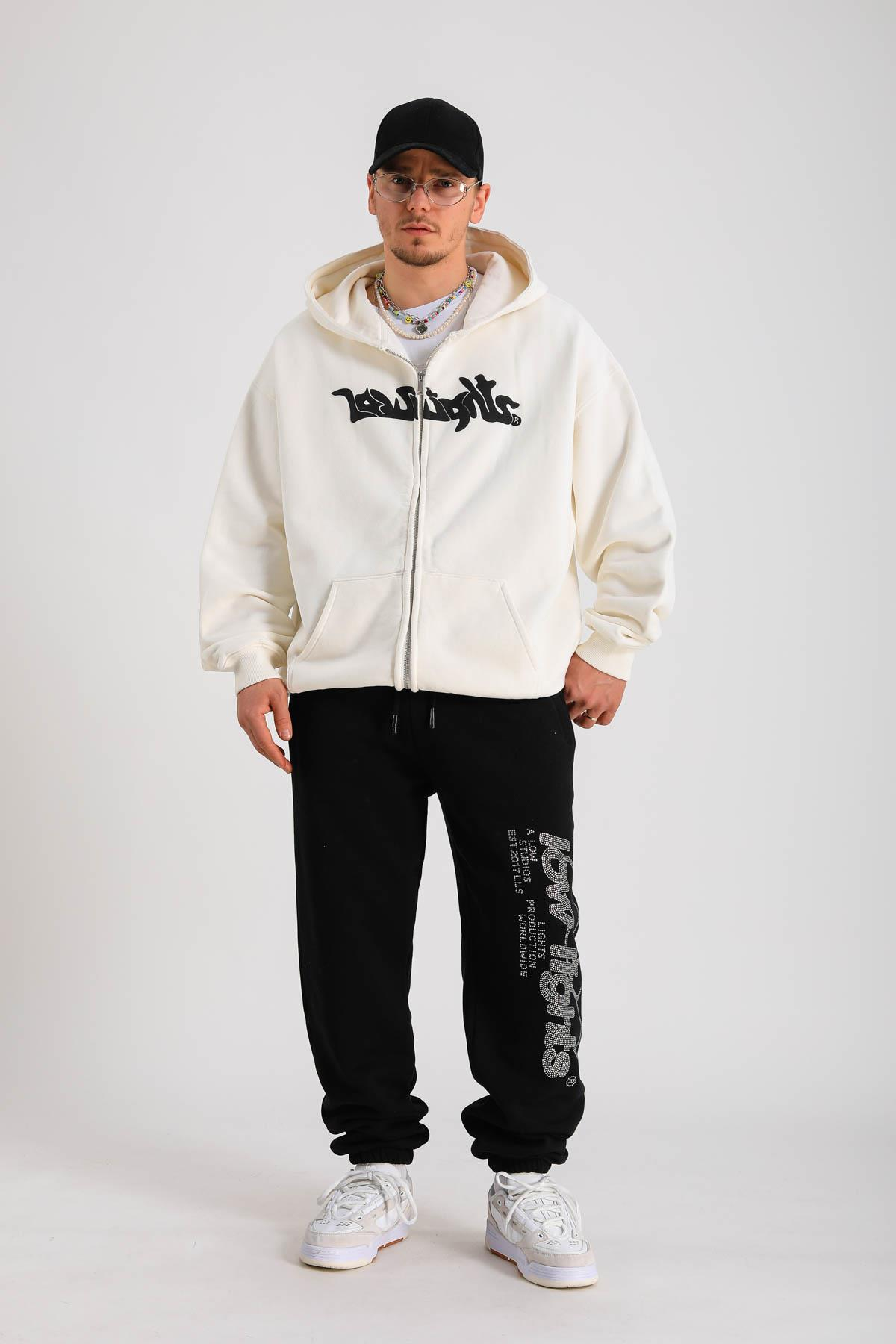 LLS Baskılı Krem Oversize Zipper Hoodie SW1264