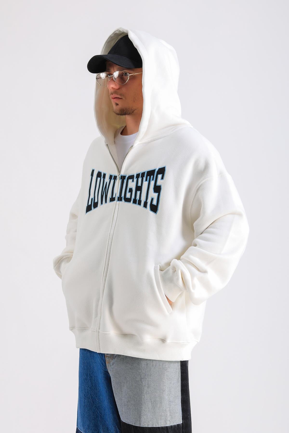 LLS Baskılı Krem Oversize Zipper Hoodie SW1229