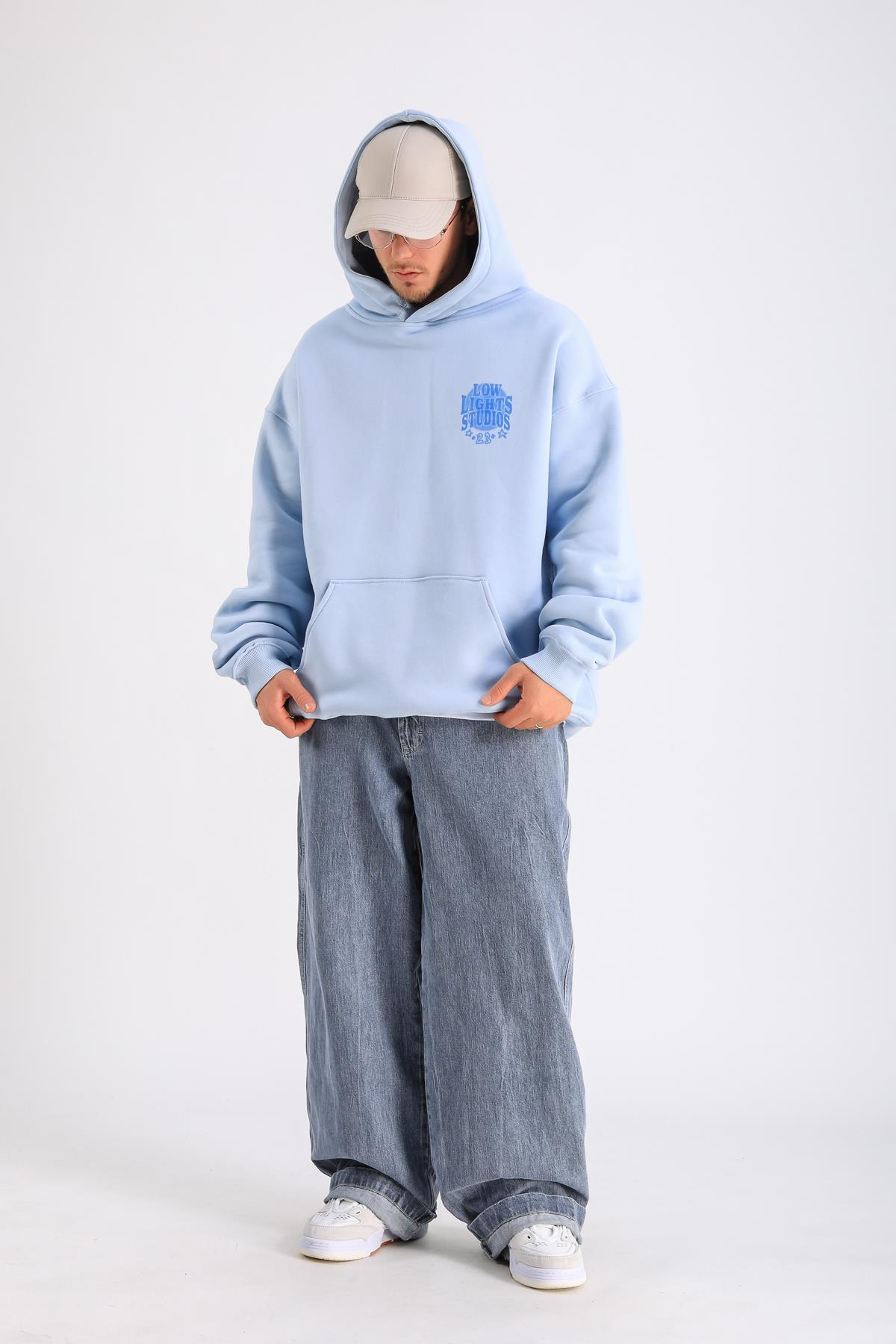LLS Baskılı Mavi Oversize Hoodie SW1252