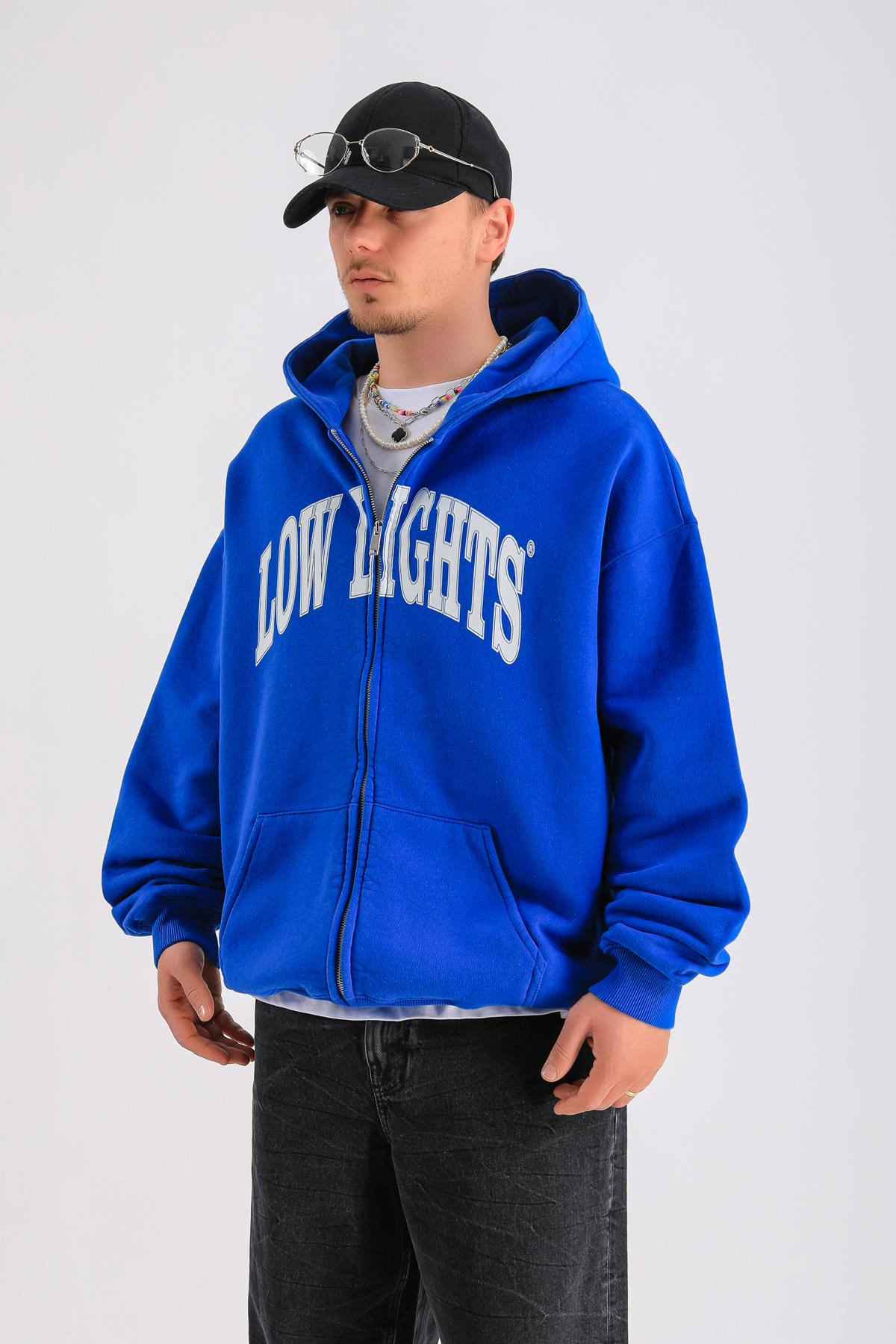 LLS Baskılı Mavi Zipper Oversize Hoodie SW1255