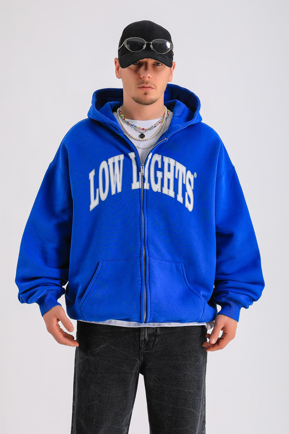 LLS Baskılı Mavi Zipper Oversize Hoodie SW1255