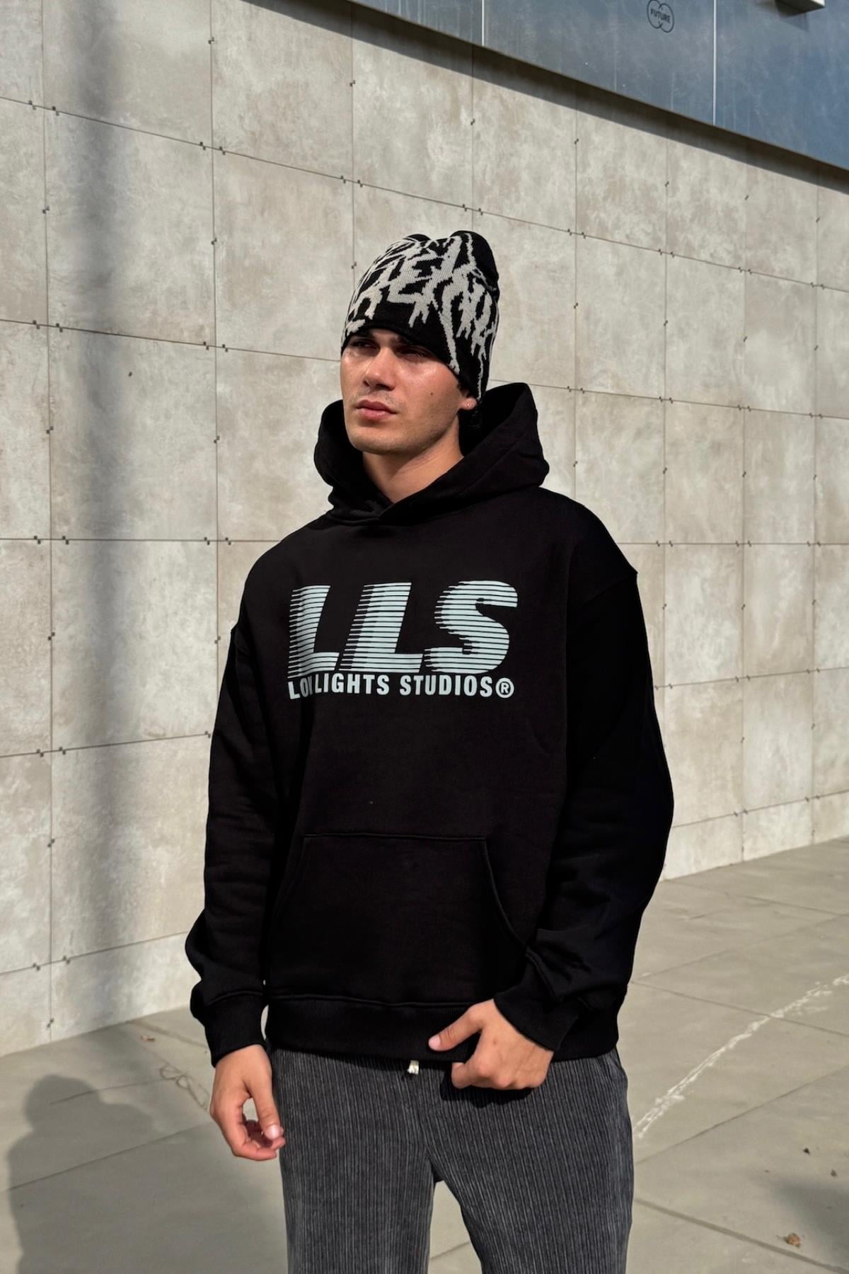 LLS Baskılı Siyah Oversize Hoodie SW1253
