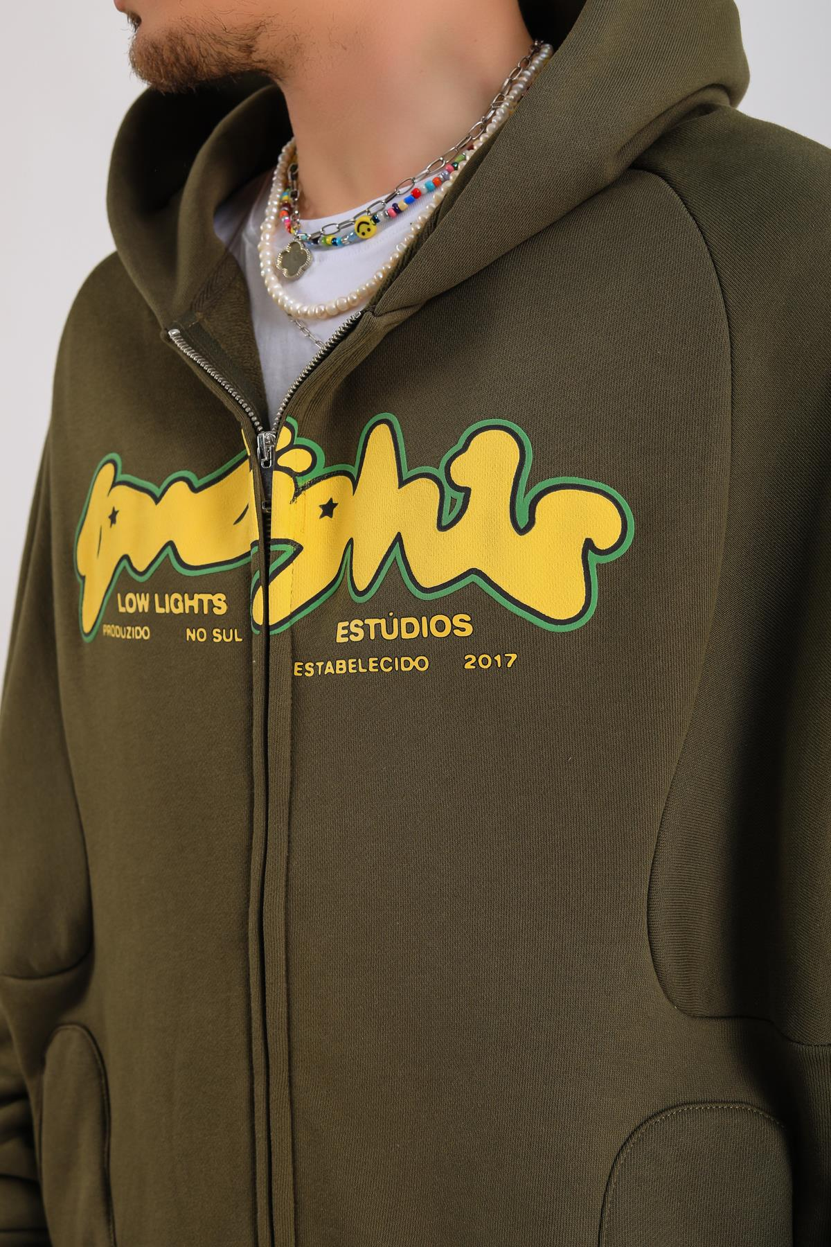 LLS Baskılı Yeşil Oversize Zipper Hoodie SW1269