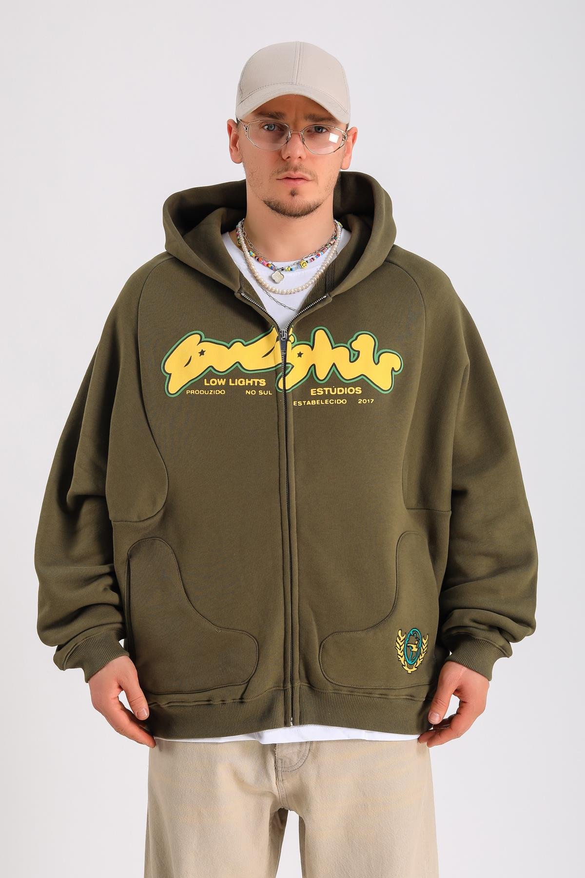 LLS Baskılı Yeşil Oversize Zipper Hoodie SW1269