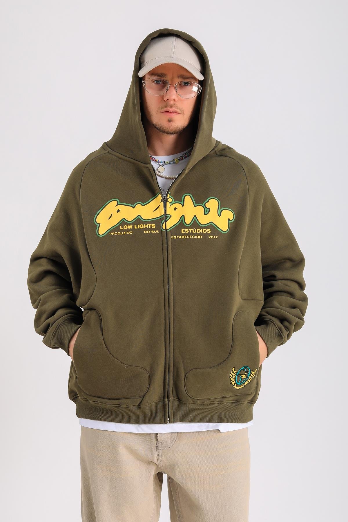 LLS Baskılı Yeşil Oversize Zipper Hoodie SW1269