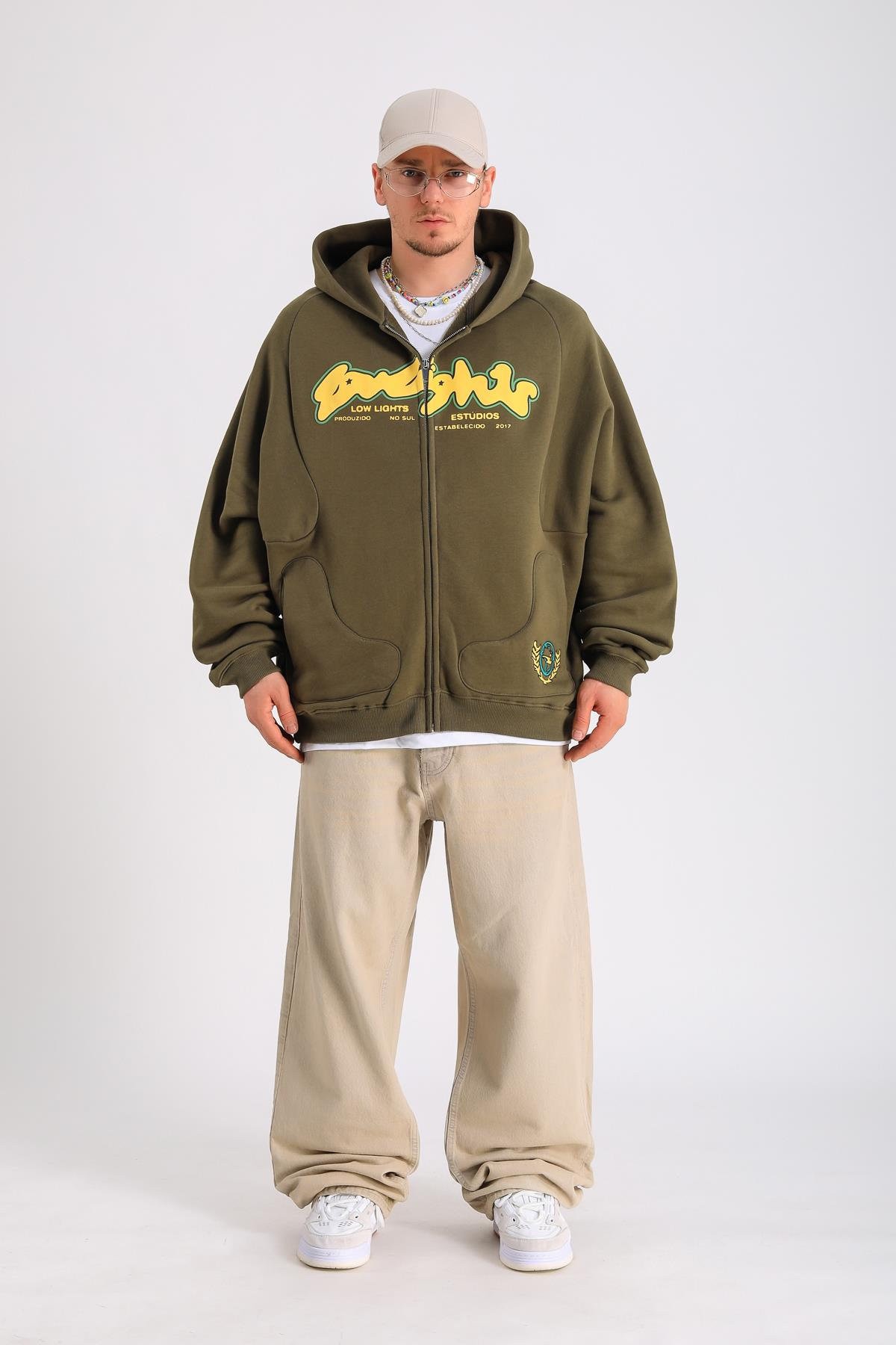 LLS Baskılı Yeşil Oversize Zipper Hoodie SW1269
