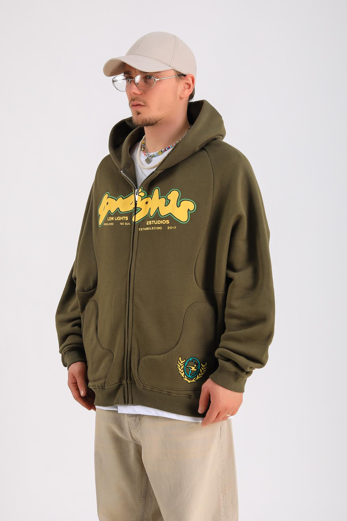 LLS Baskılı Yeşil Oversize Zipper Hoodie SW1269