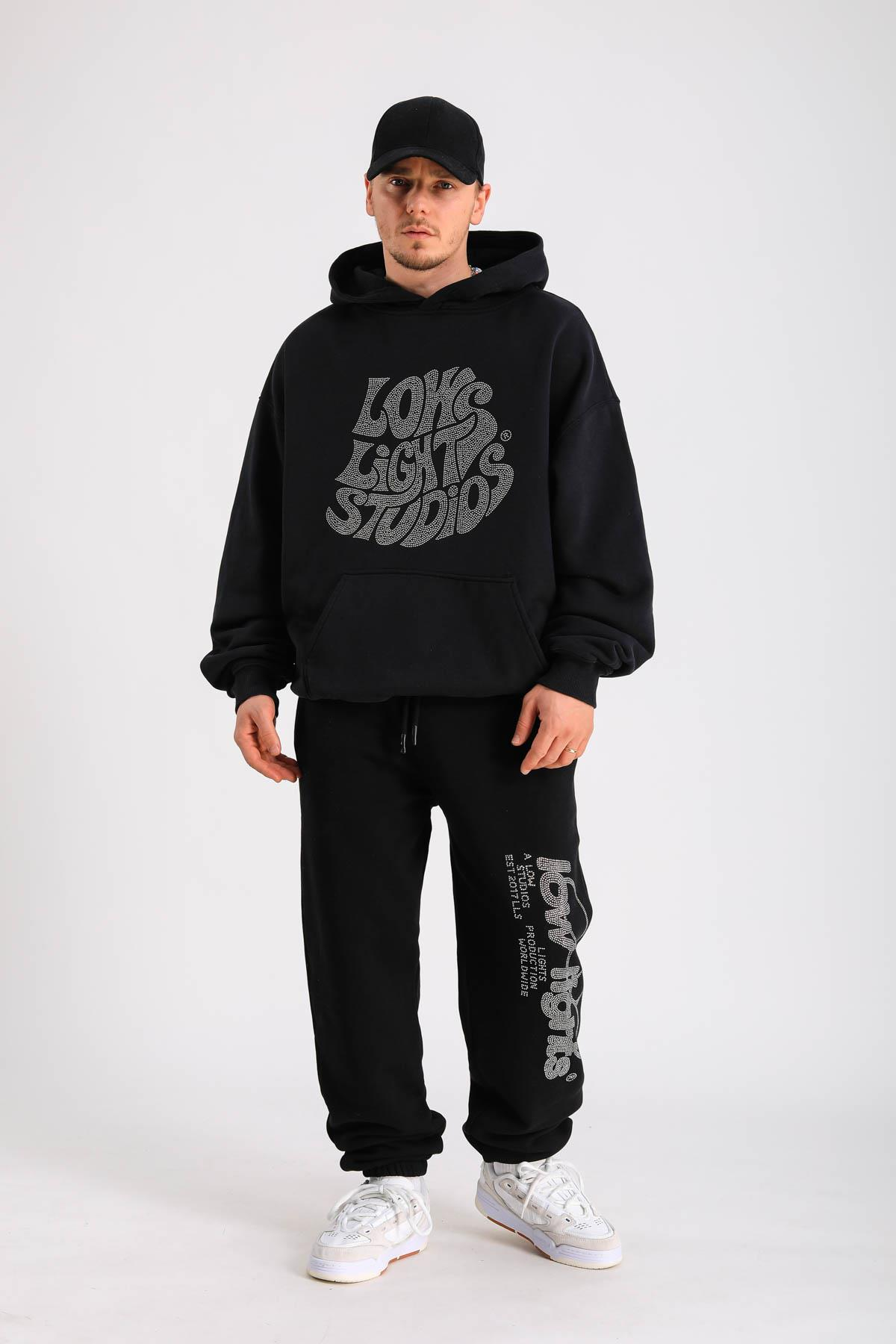 LLS Siyah Taş Baskılı Oversize Hoodie SW1301