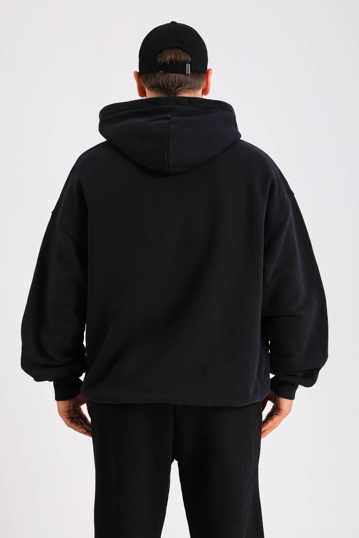 LLS Siyah Taş Baskılı Oversize Hoodie SW1301