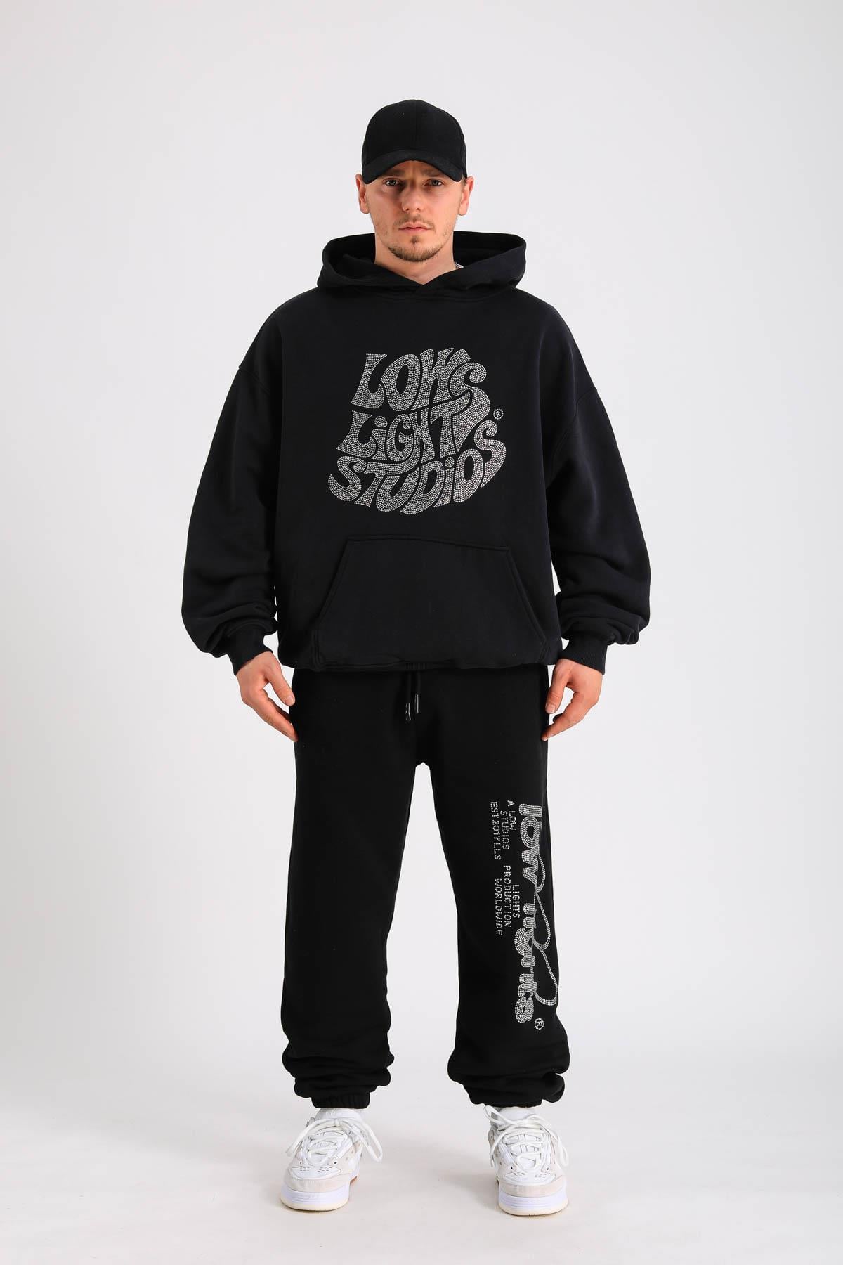 LLS Siyah Taş Baskılı Oversize Hoodie SW1301