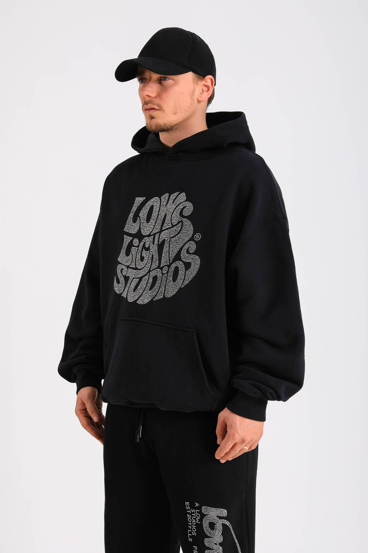 LLS Siyah Taş Baskılı Oversize Hoodie SW1301