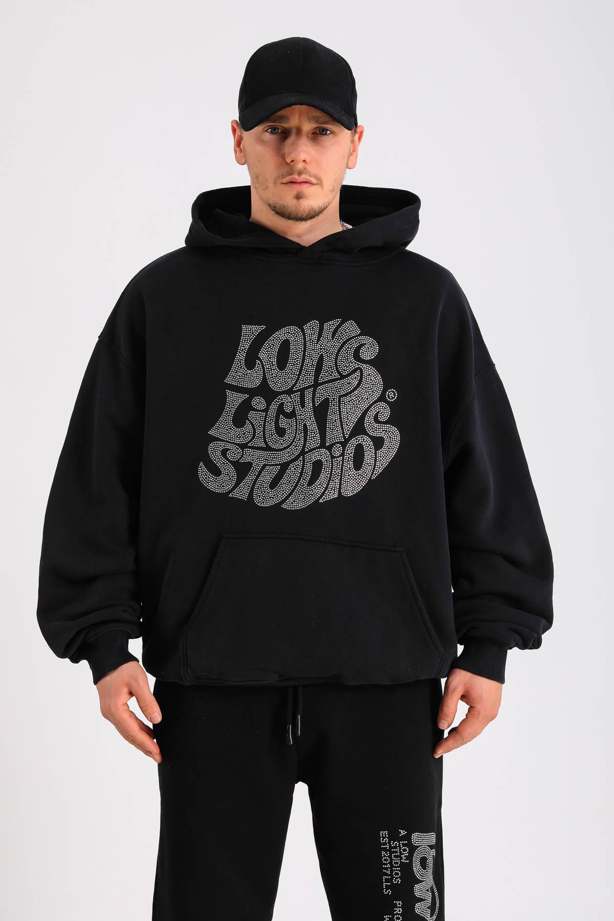 LLS Siyah Taş Baskılı Oversize Hoodie SW1301