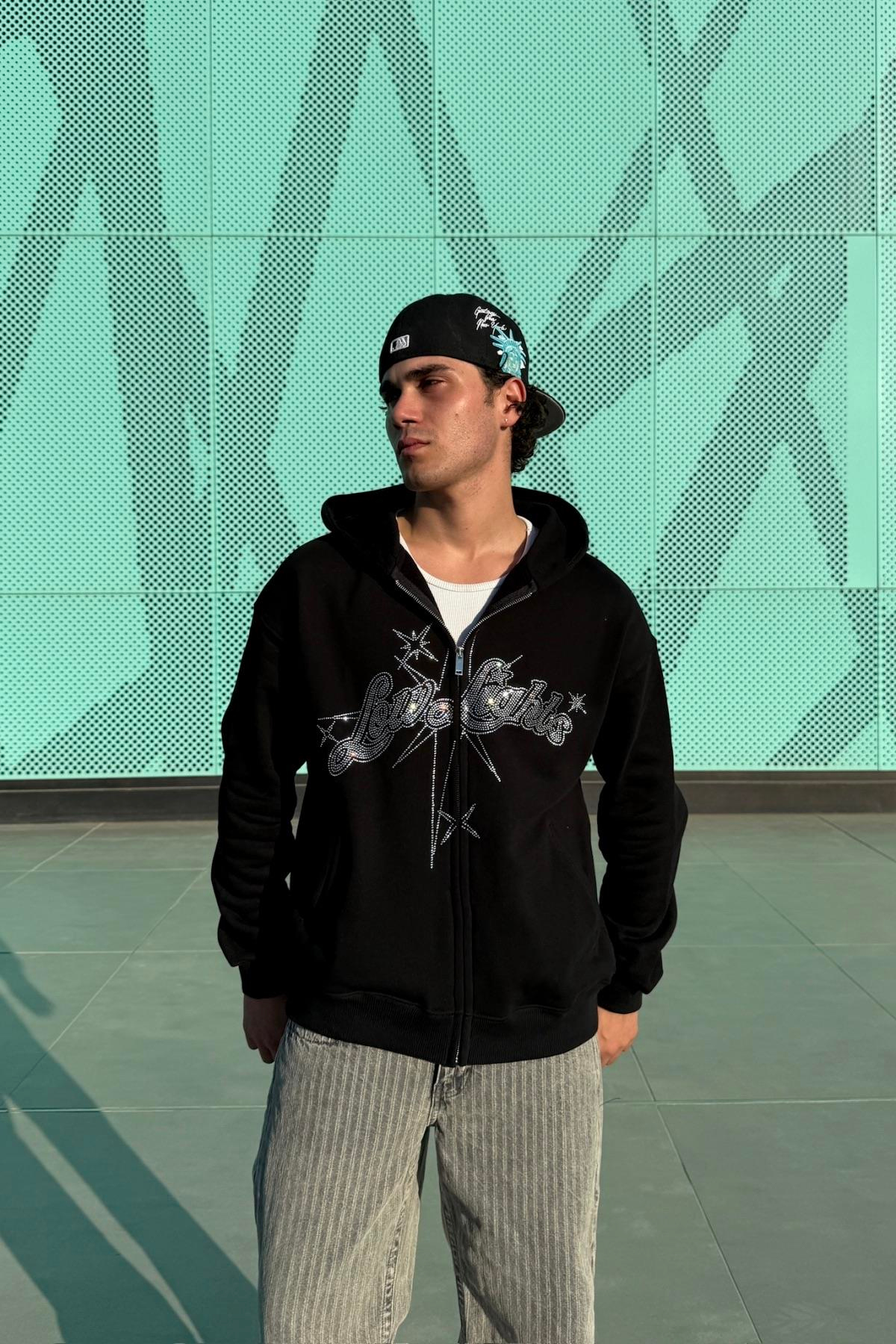 LLS Siyah Taş Baskılı Oversize Zipper Hoodie SW1334